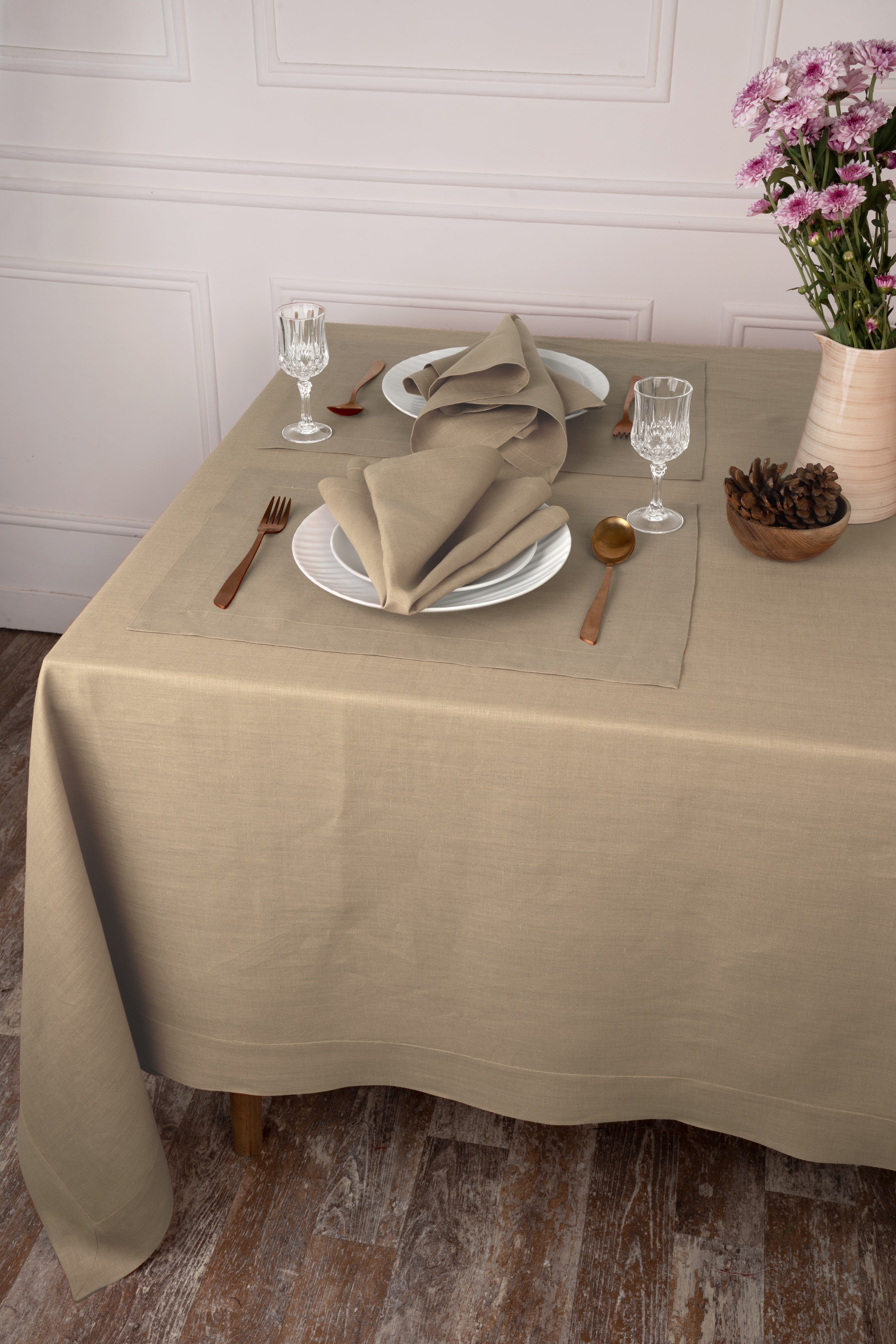 Champagne Beige Linen Tablecloth, Hemmed