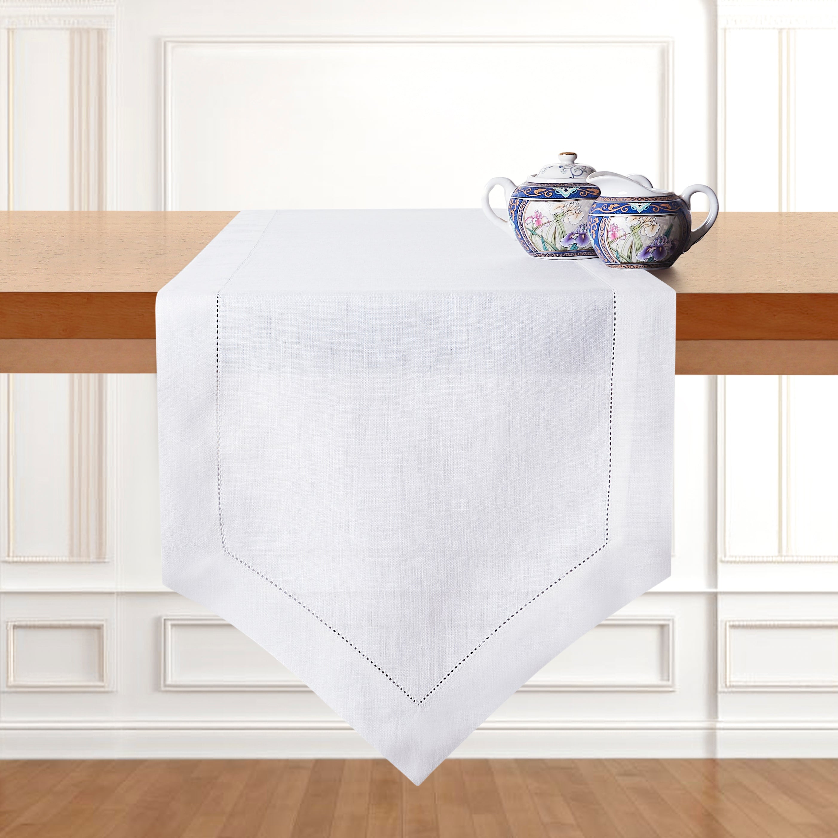 White Linen Table Runner, Diamond