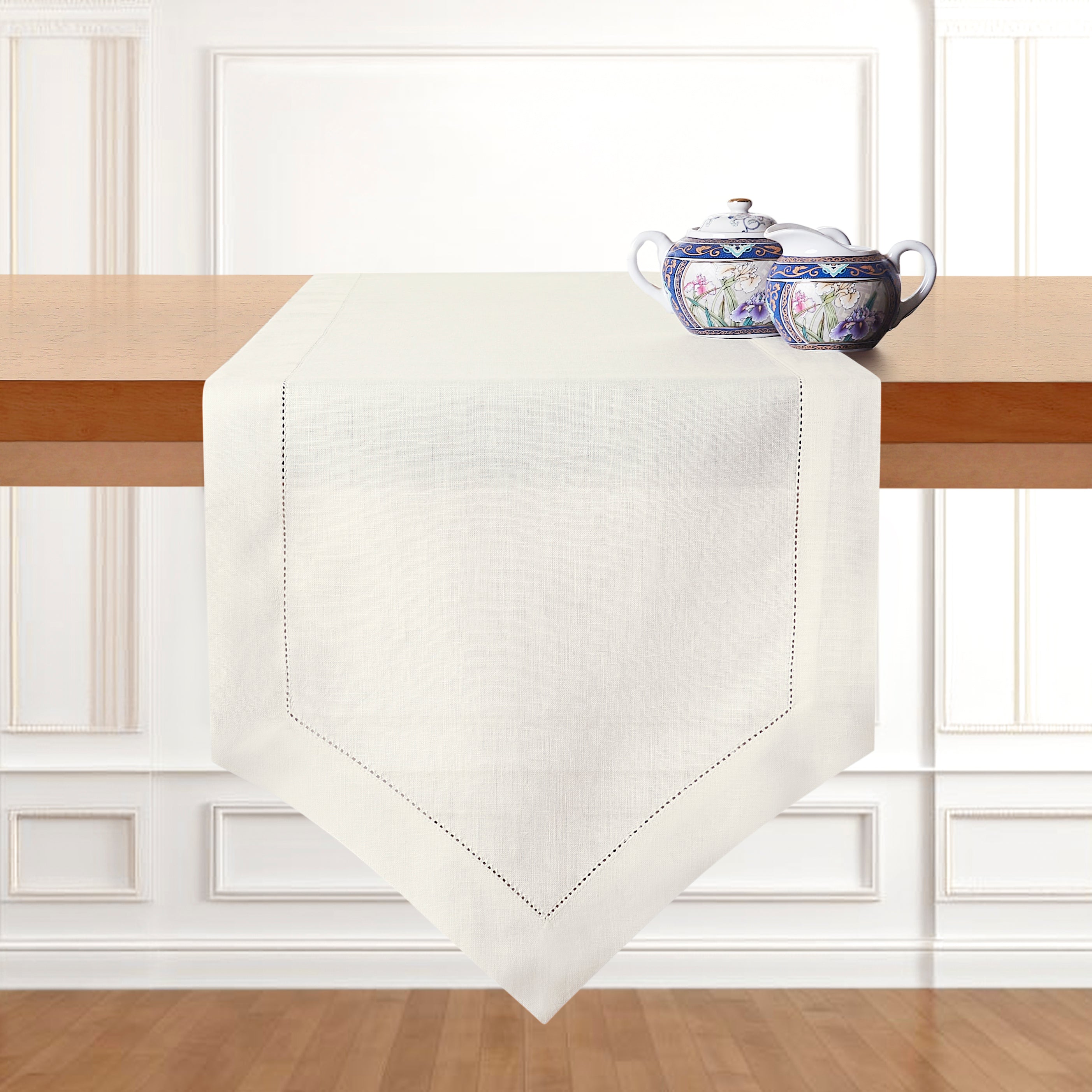 Ivory Linen Table Runner, Diamond