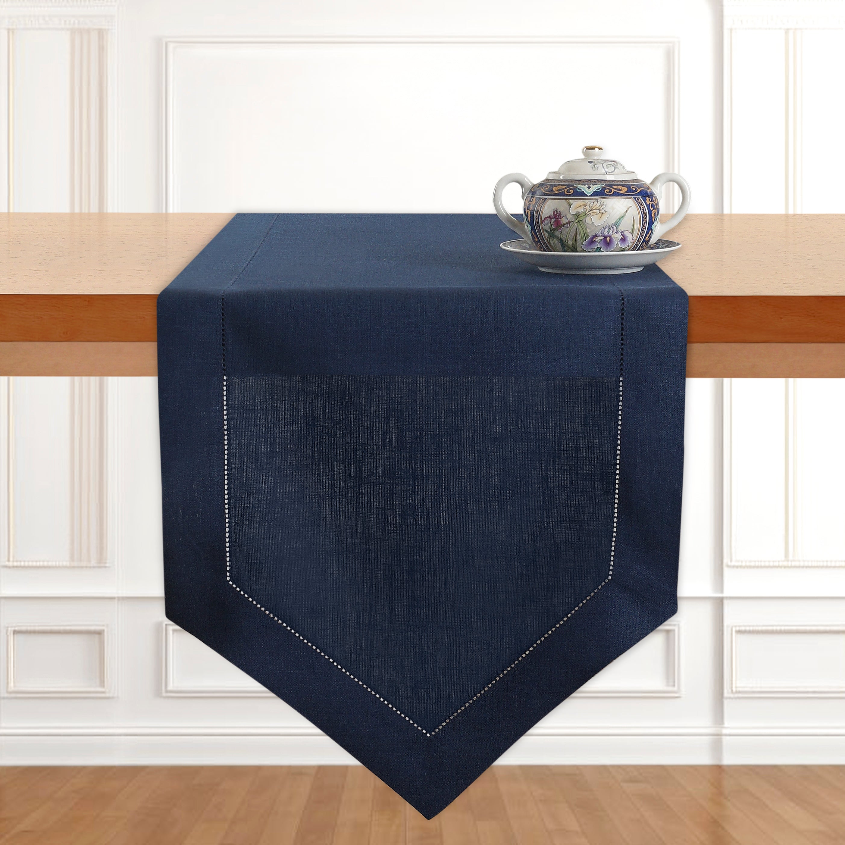 Navy Blue Pure Linen Table Runner - Diamond