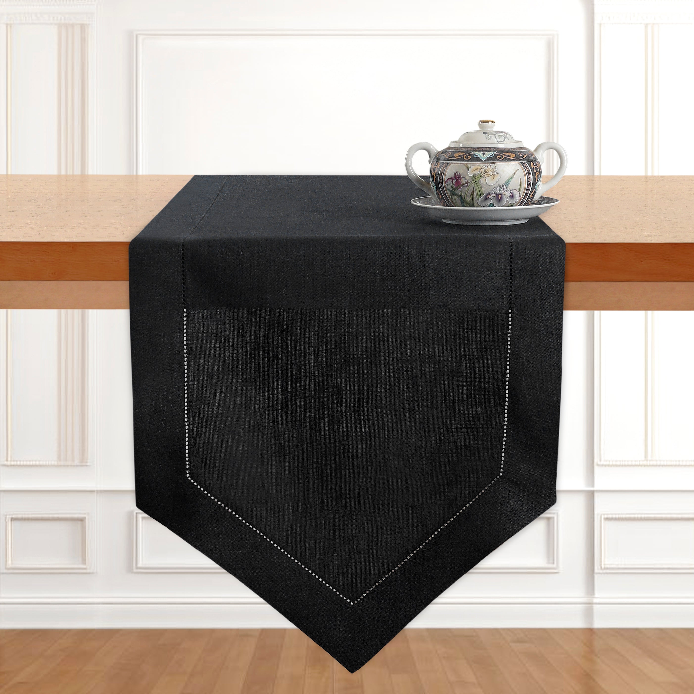 Black Pure Linen Table Runner - Diamond