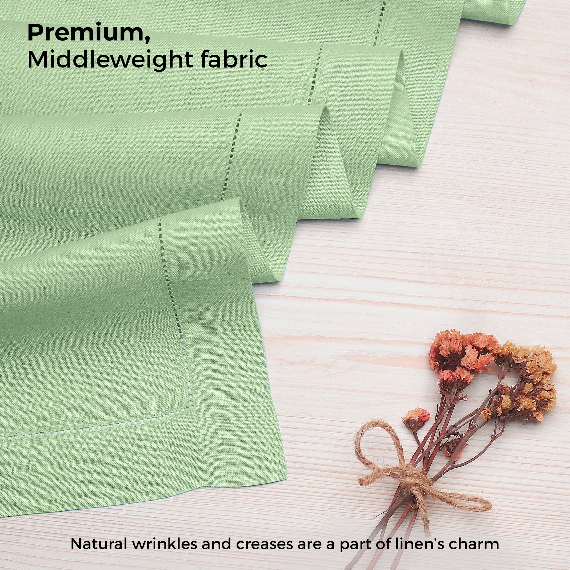 Sage Green Linen Table Runner, Hemstitch