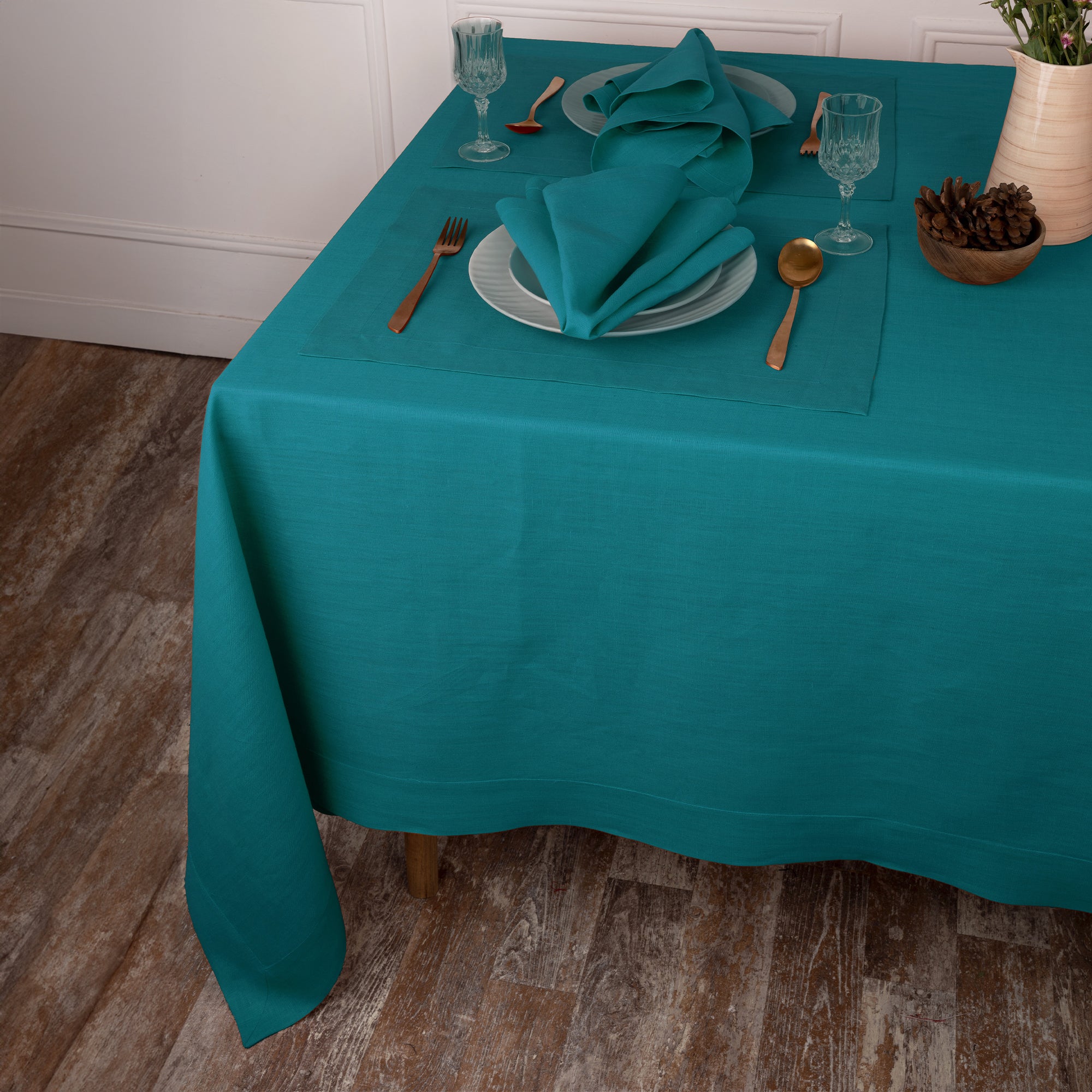 Teal Blue Linen Tablecloth, Hemmed