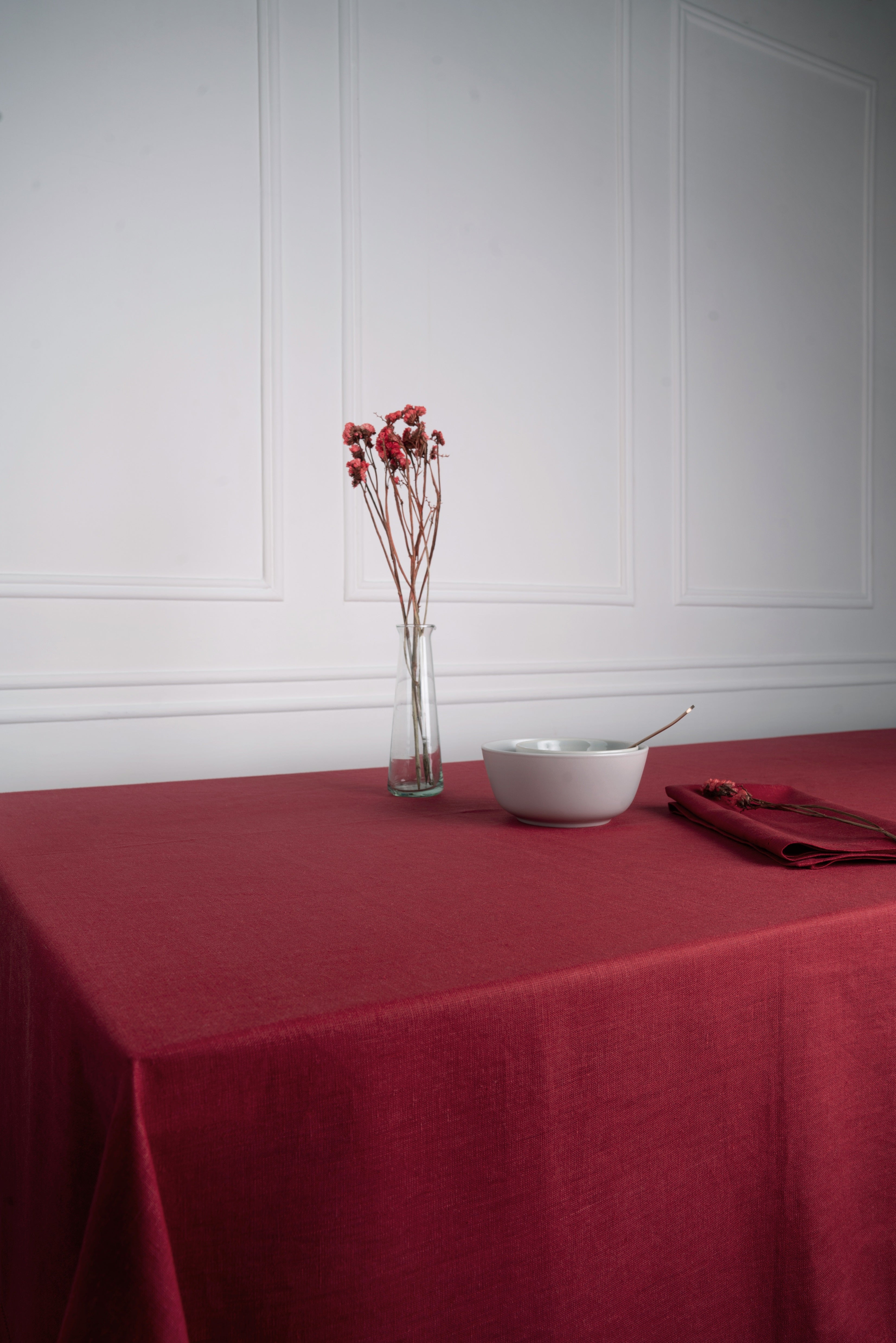 Dark Red Linen Tablecloth, Hemstitch