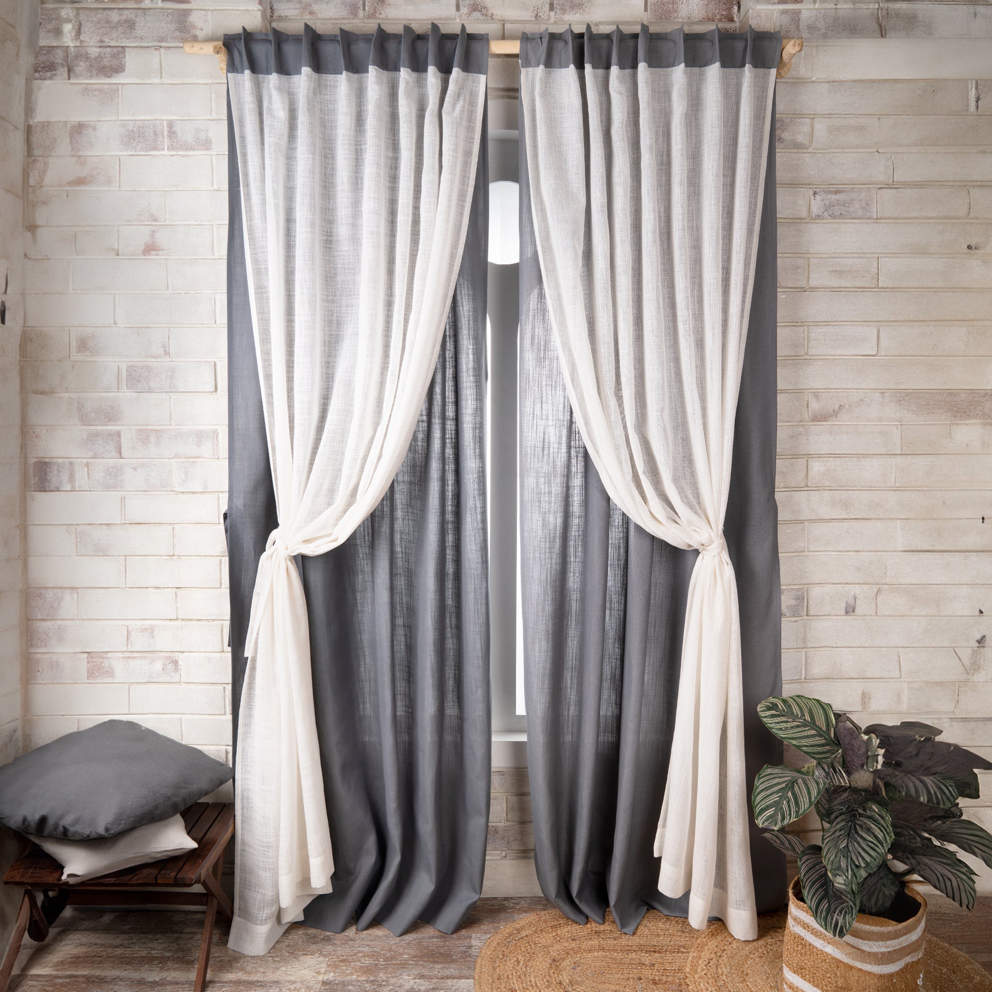 Charcoal Grey Faux Linen with Sheer Jute Overlay Curtain