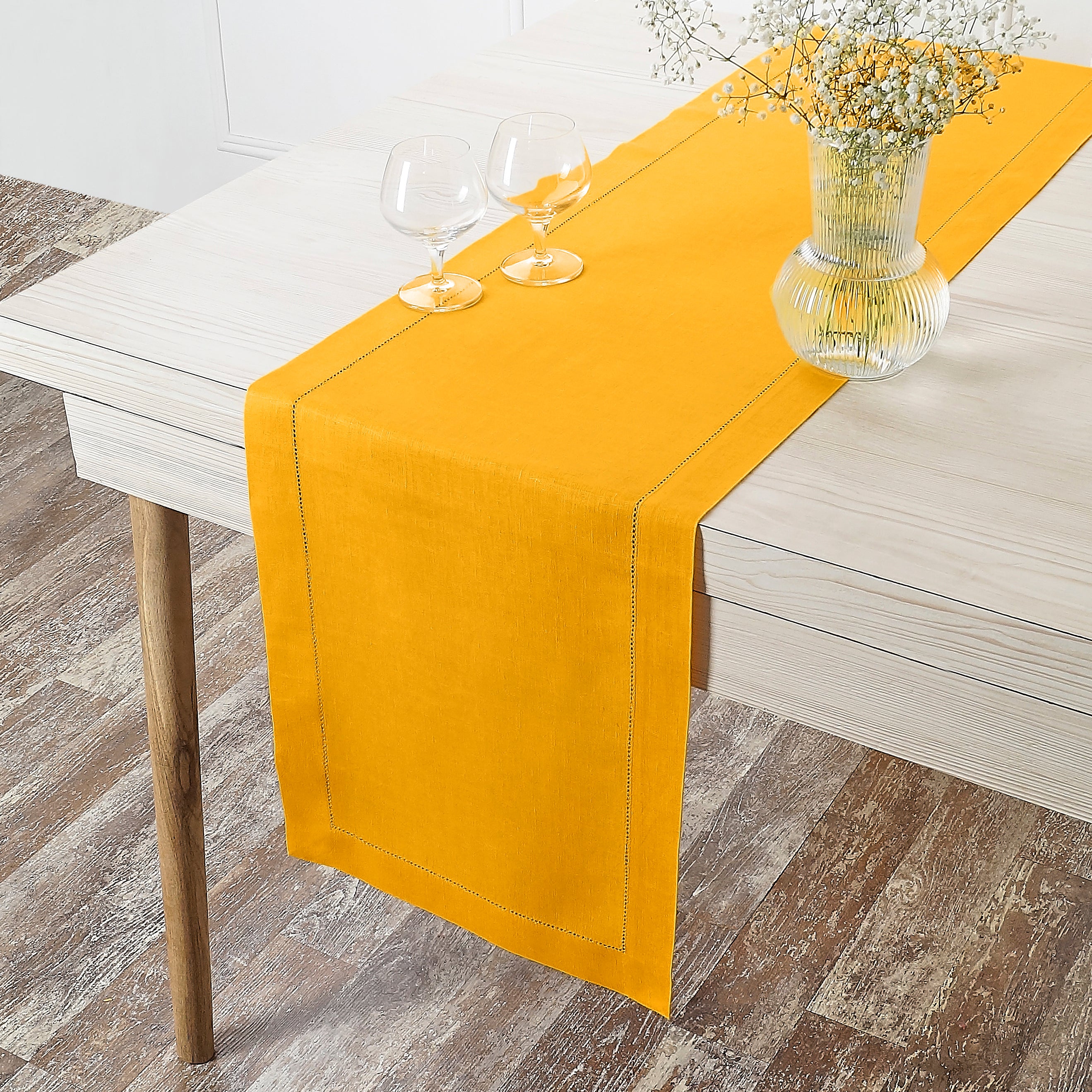 Sunflower Yellow Linen Table Runner, Hemstitch