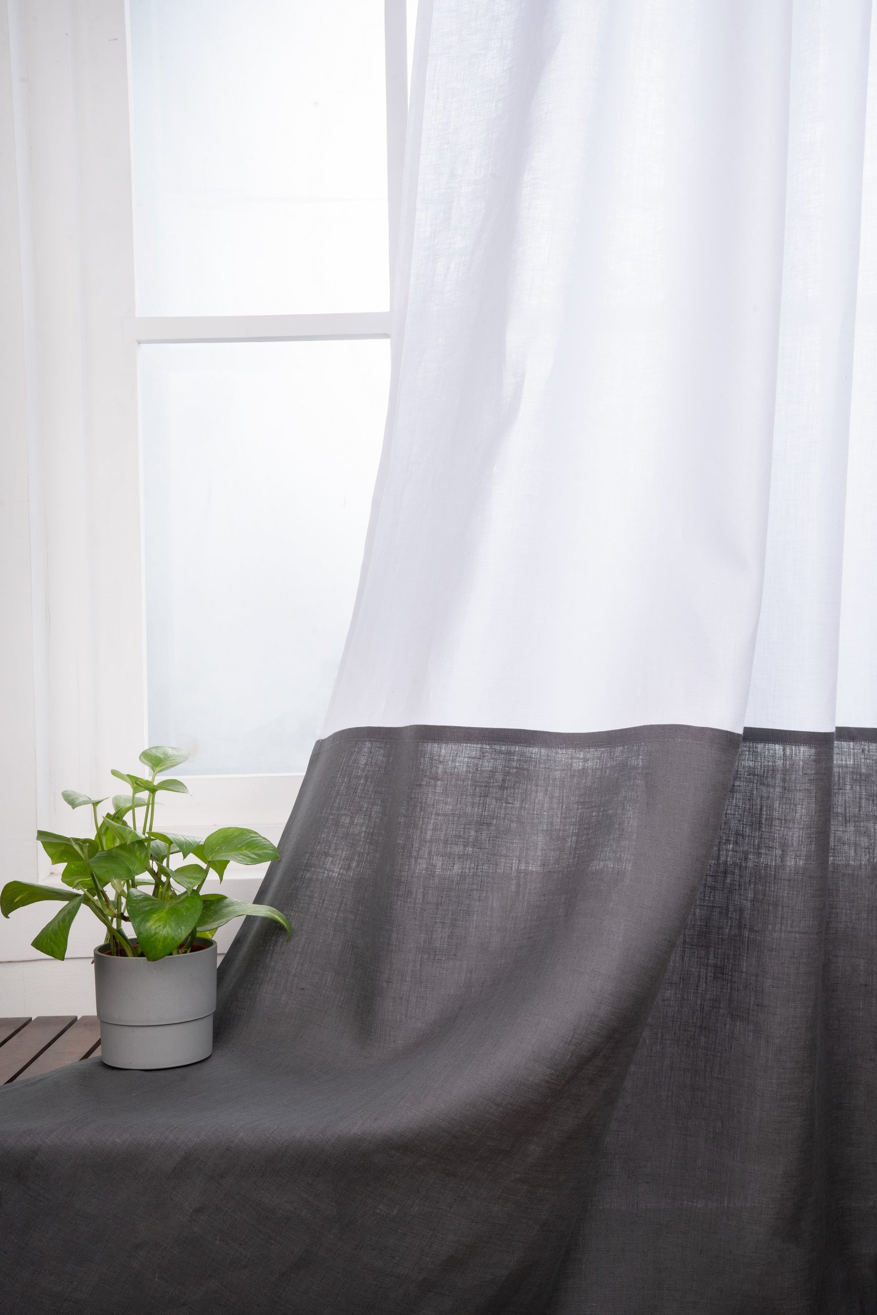 White and Charcoal Grey Linen Color Block Curtains | 1 Panel