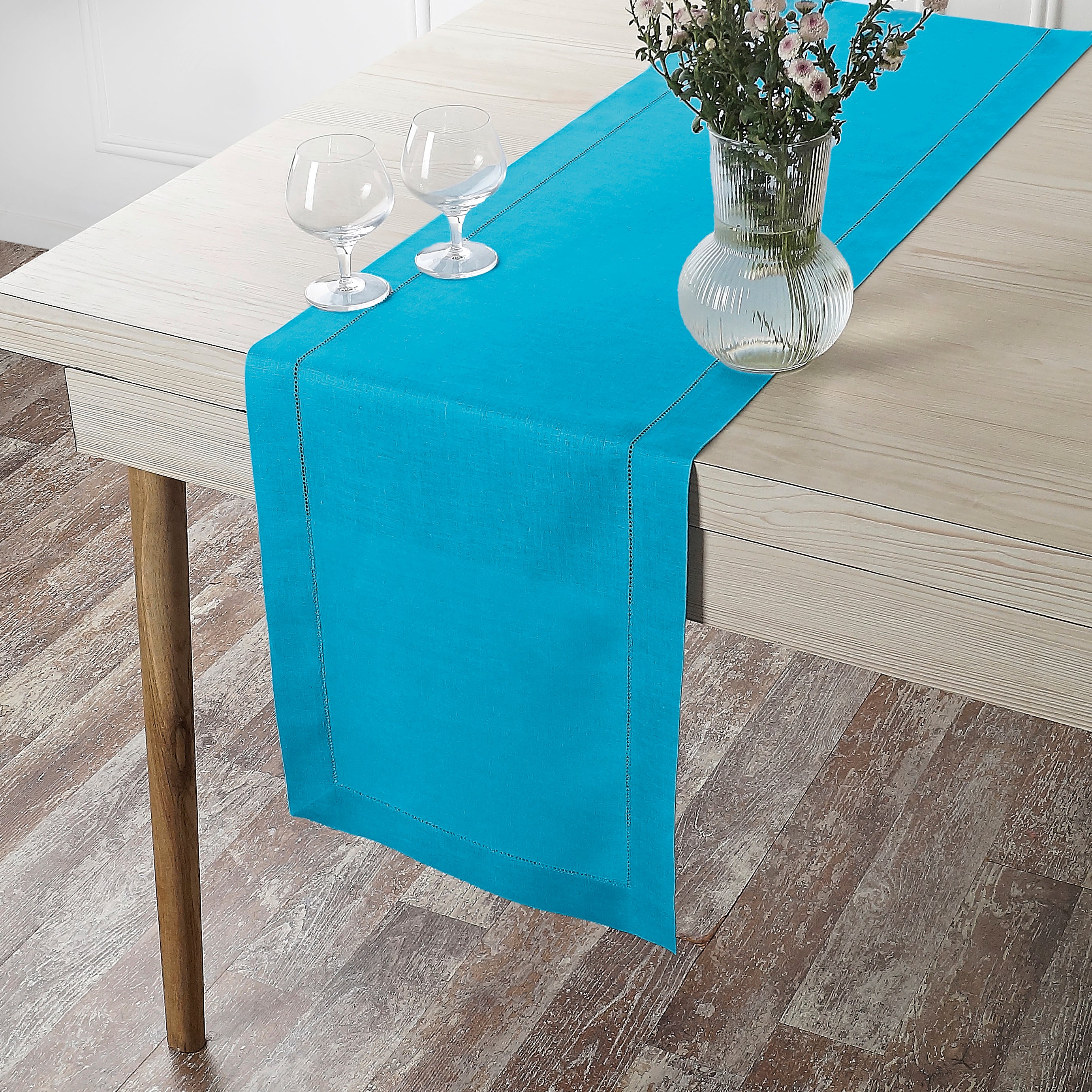 Cyan Blue Linen Table Runner, Hemstitch