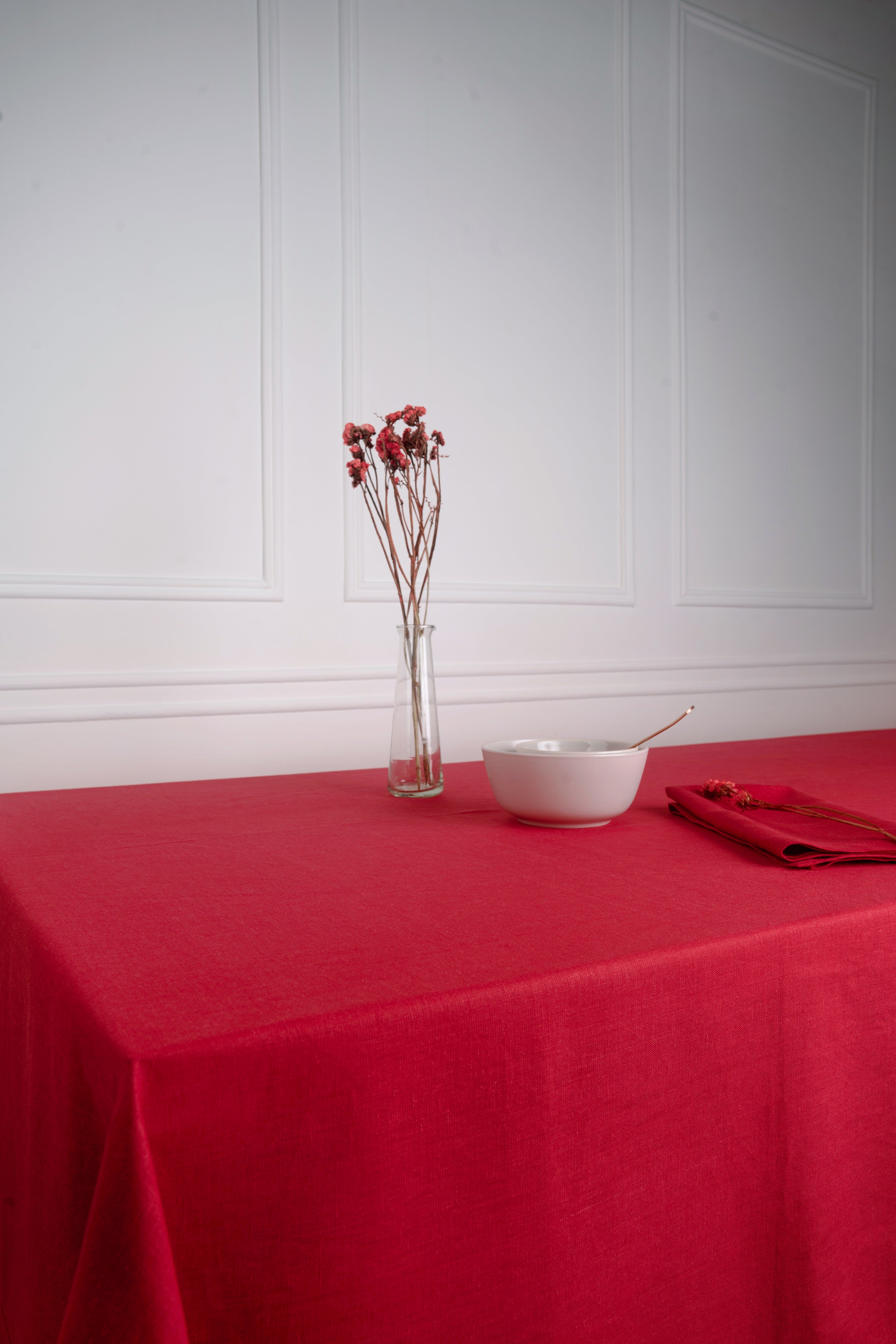 Bright Red Linen Tablecloth, Hemstitch