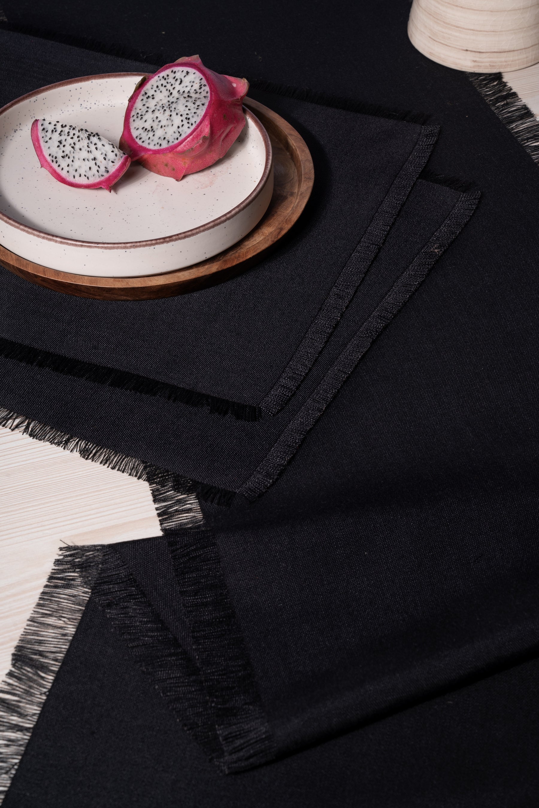Black Linen Textured Table Runner - Fringe