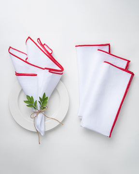 White & Red Linen Dinner Napkins 20 x 20 Inch Set of 4 - Marrow Edge