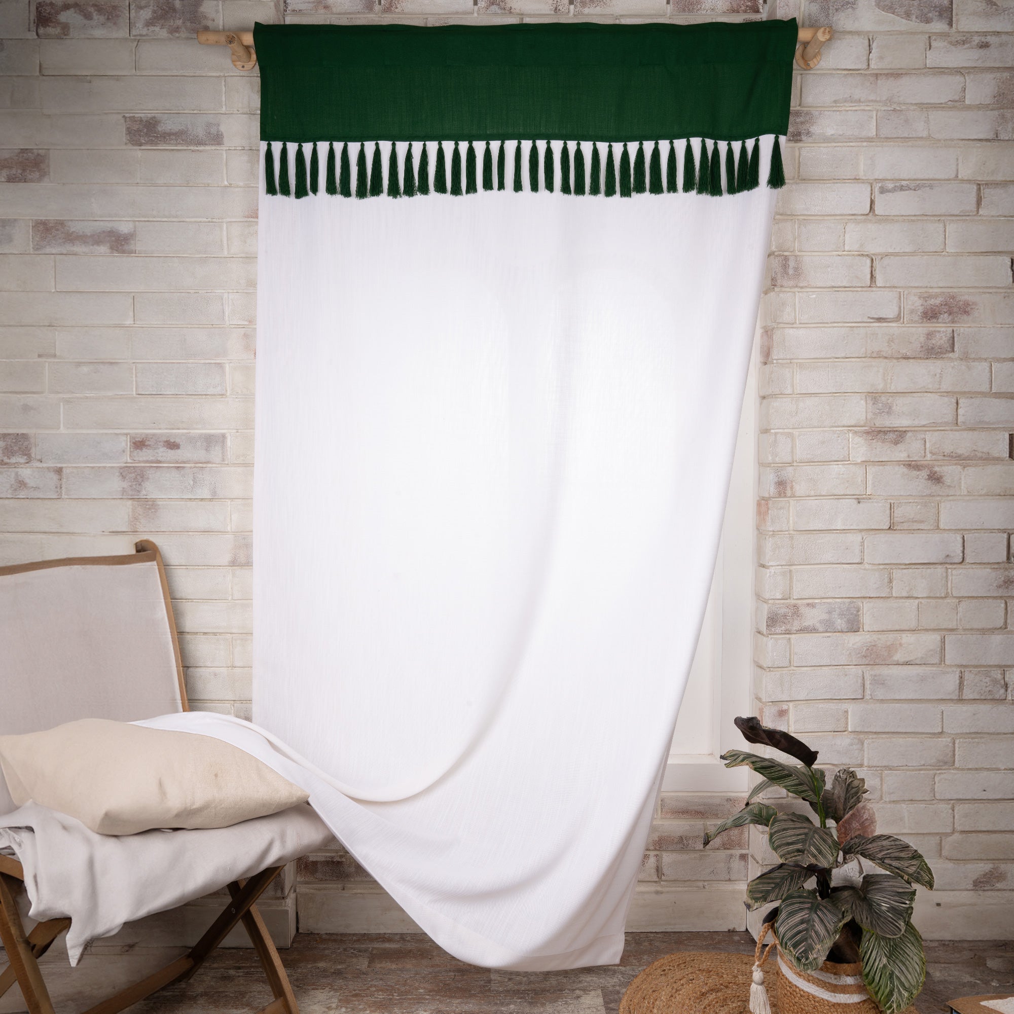 Forest Green and White Faux Linen Tassel Curtain