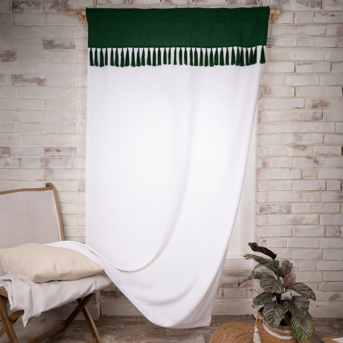 White & Eden Green Faux Linen Tassel Curtains | 1 Panel