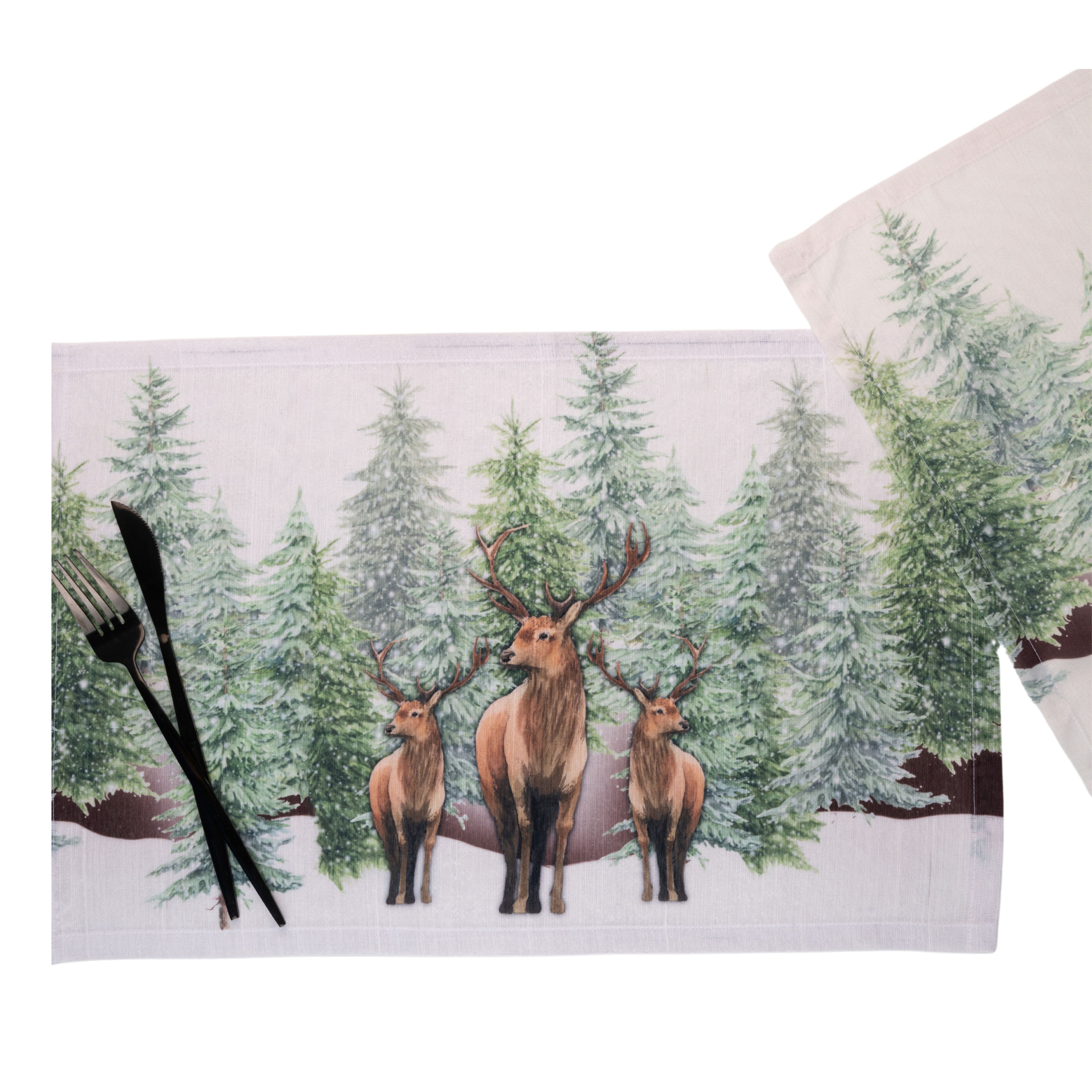 Reindeer & Pine Tree Vegan Silk Placemats 13 x 18 Inch Set of 4 - Christmas Print