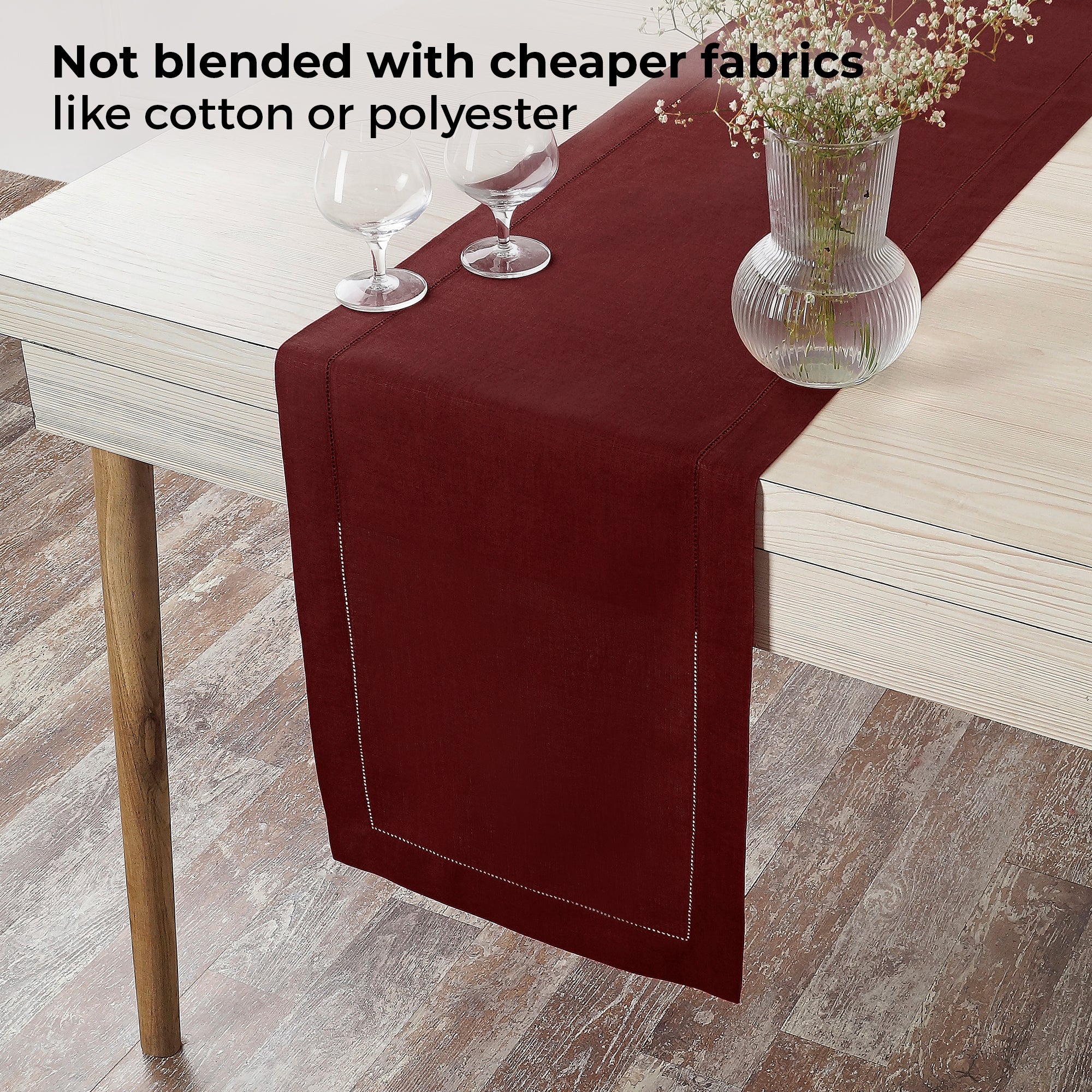 Dark Red Linen Table Runner, Hemstitch