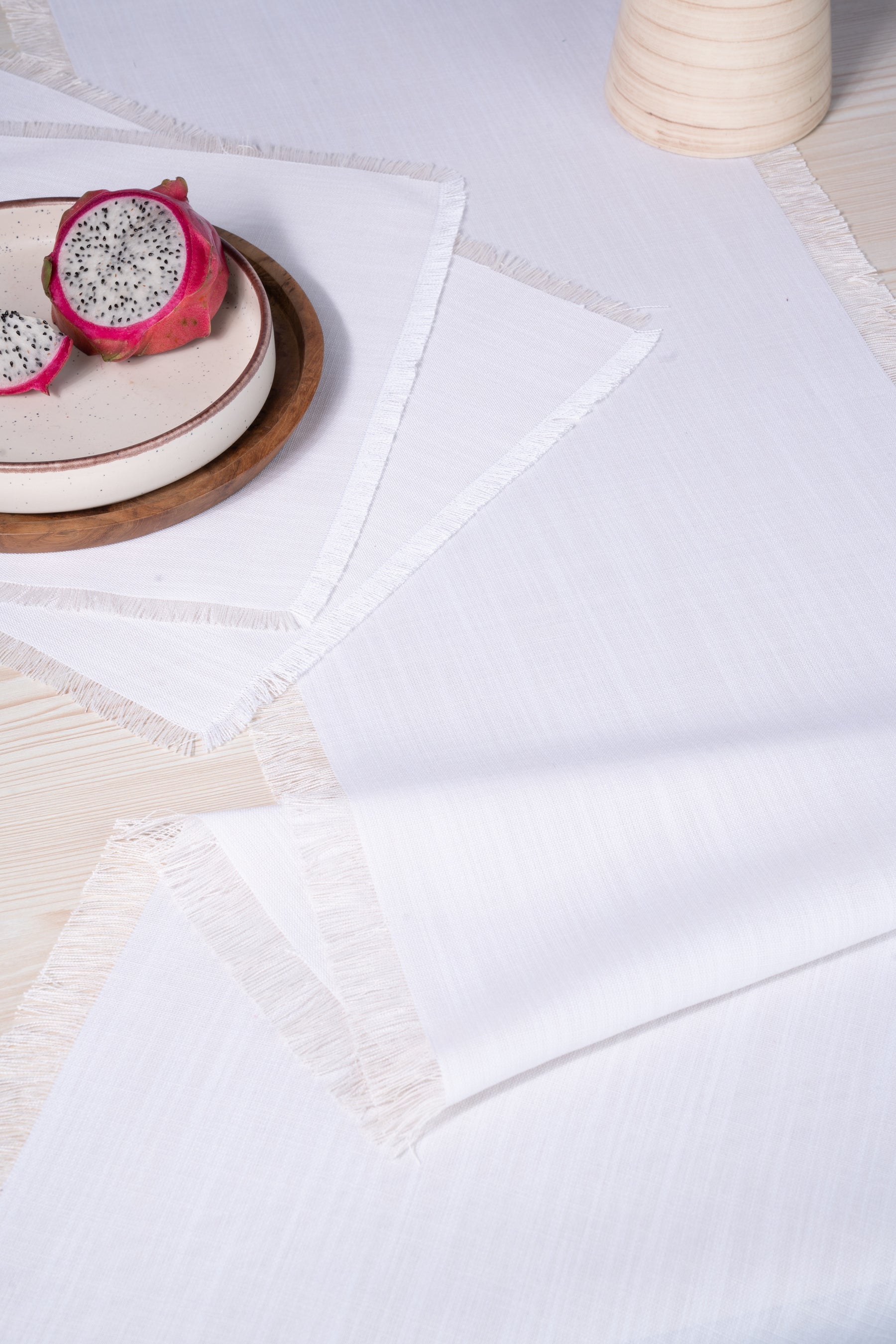Chambray Cream and White Linen Textured Table Runner - Fringe