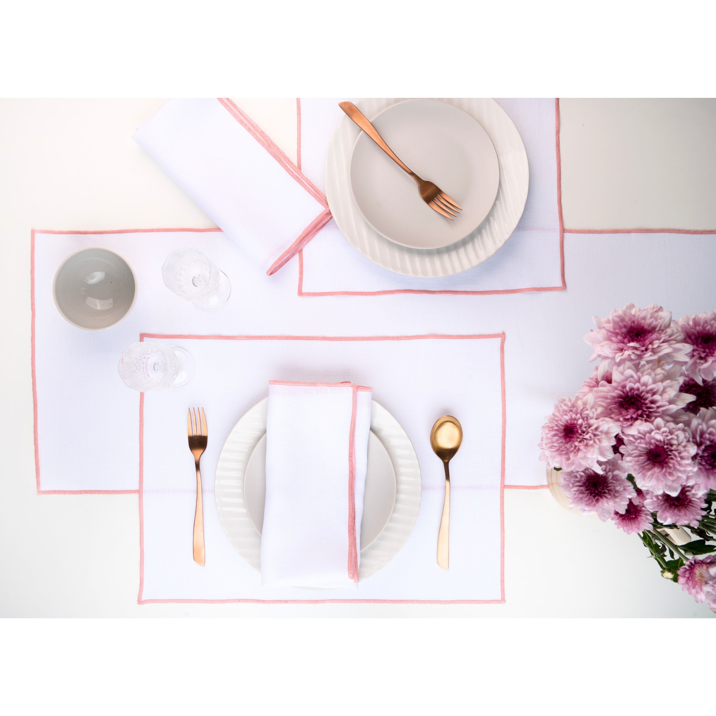 White and Dusty Pink Linen Table Runner, Marrow Edge