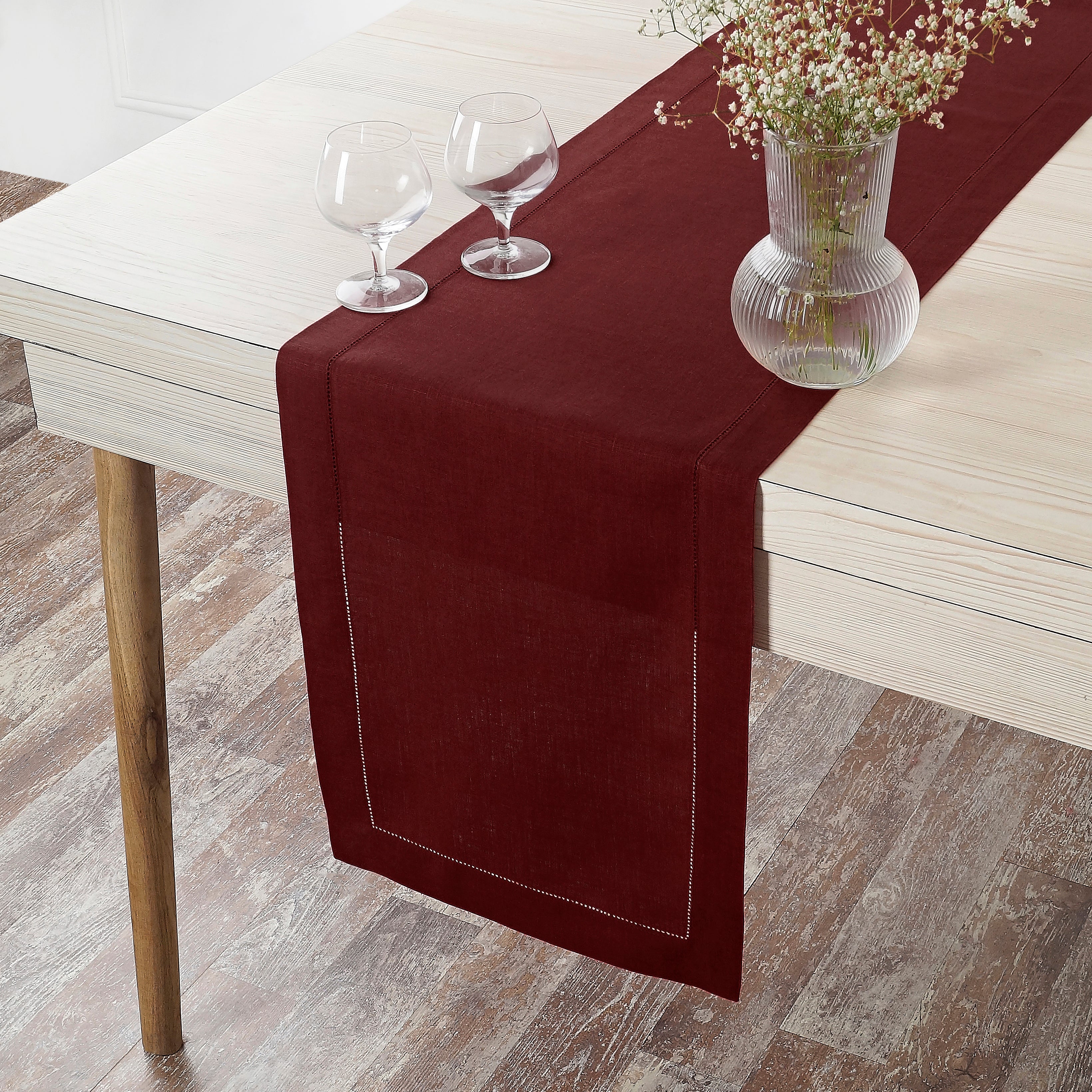 Dark Red Linen Table Runner, Hemstitch