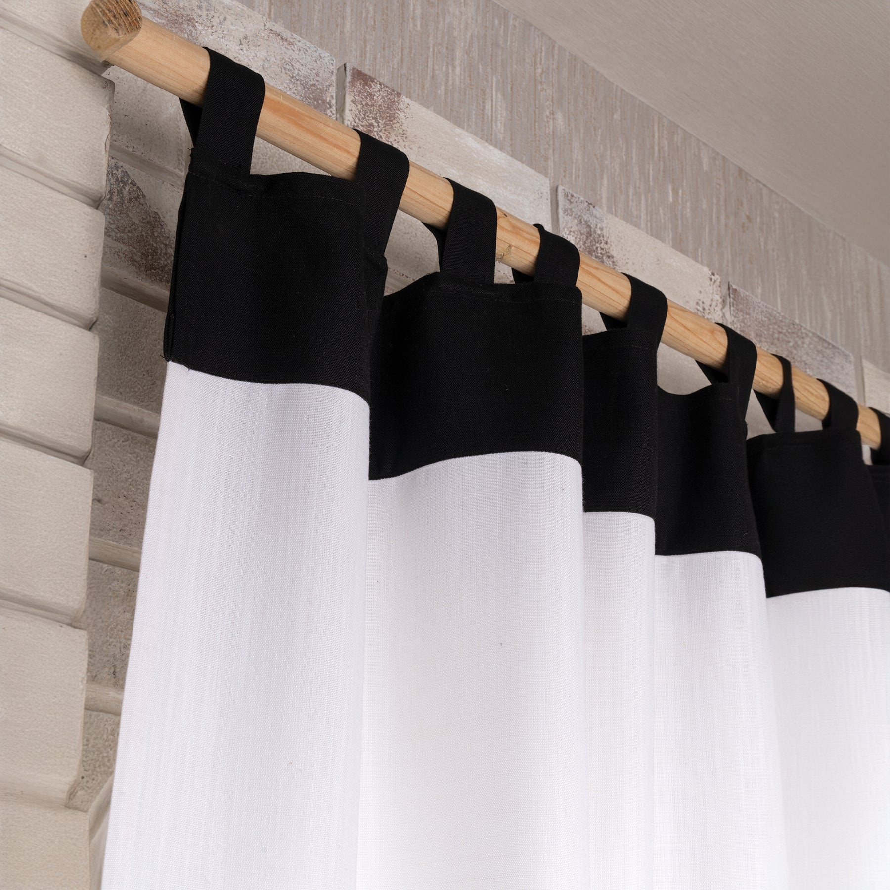 White & Black Faux Linen Color Block Curtains | 1 Panel