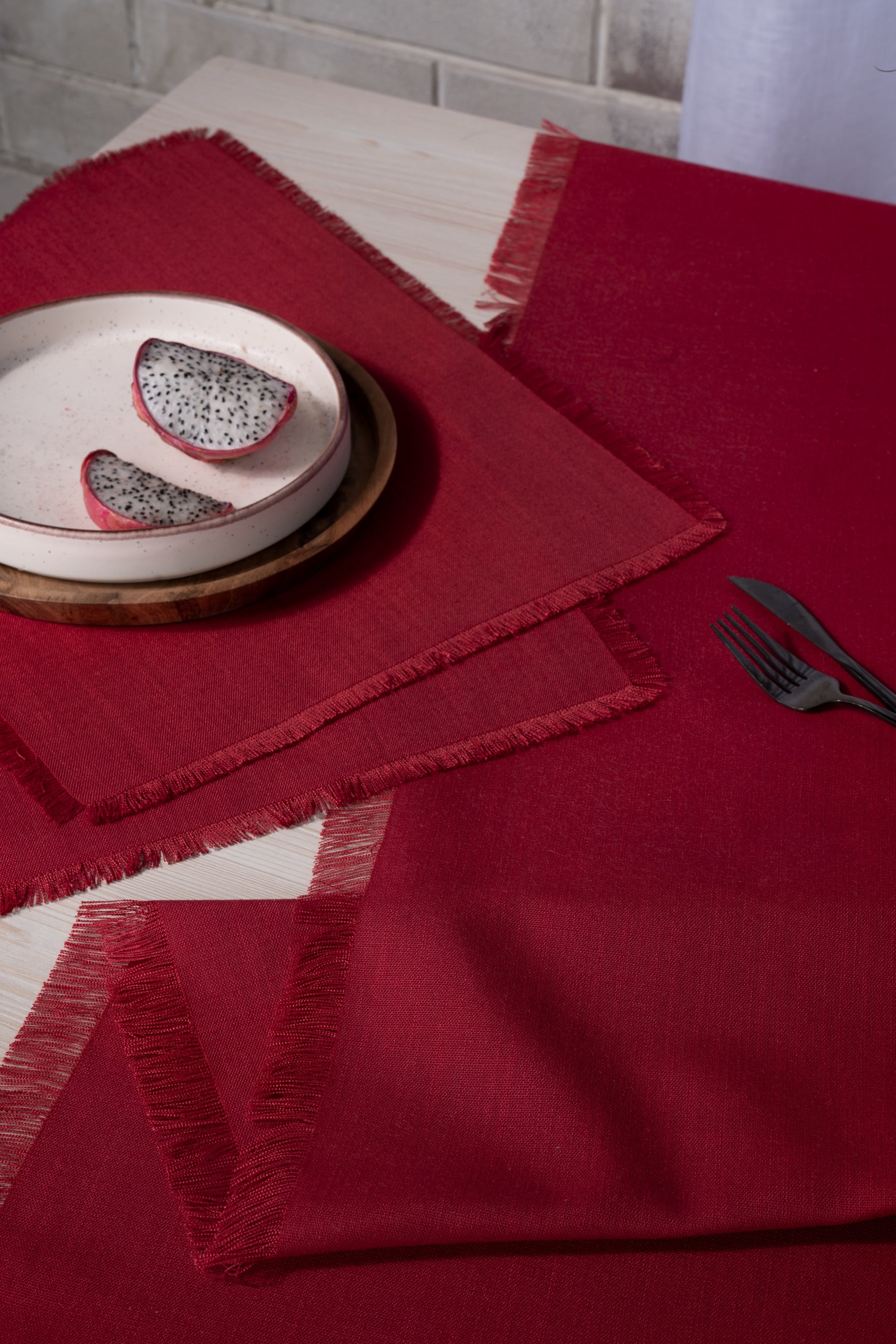 Red Linen Textured Table Runner - Fringe