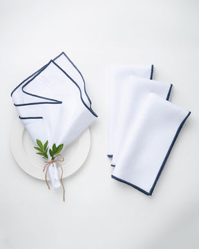 White & Navy Blue Linen Dinner Napkins 20 x 20 Inch Set of 4 - Marrow Edge