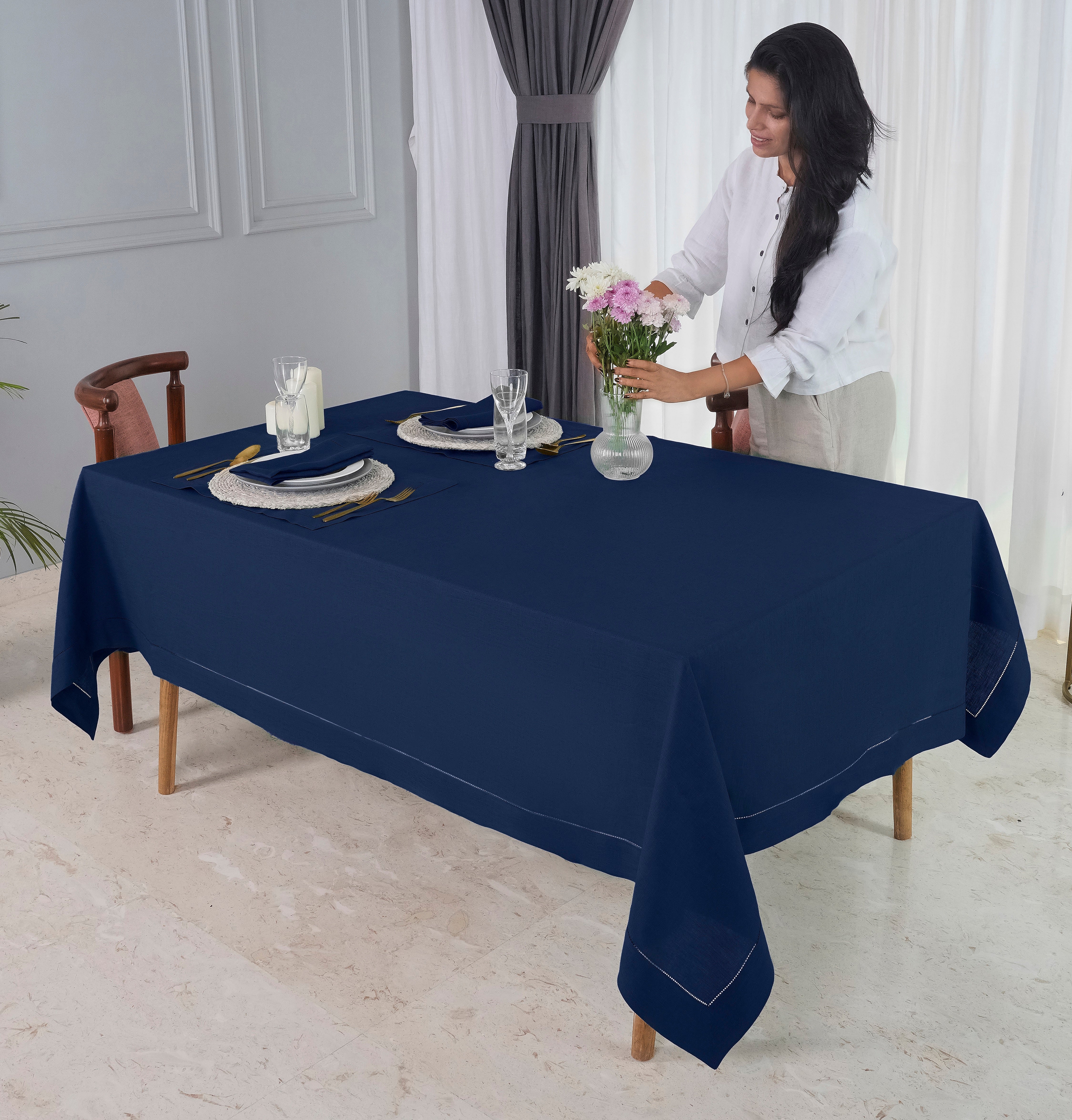 Navy Blue Linen Tablecloth, Hemstitch