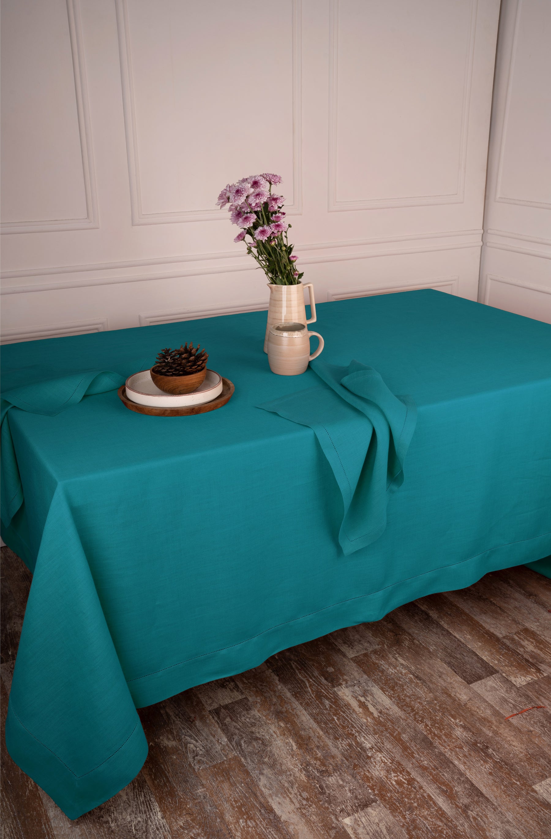 Teal Blue Linen Tablecloth - Hemstitch