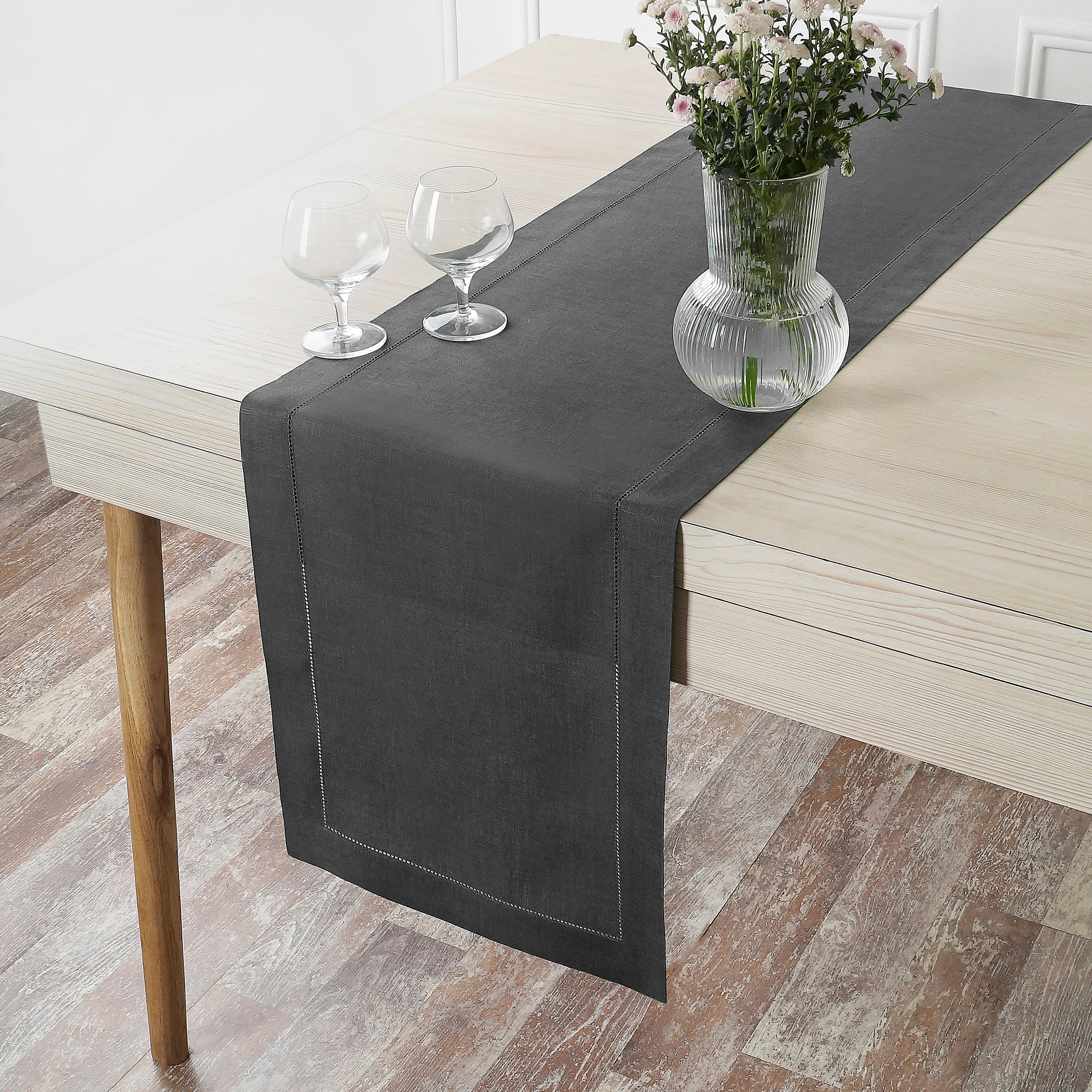 Charcoal Grey Linen Table Runner, Hemstitch