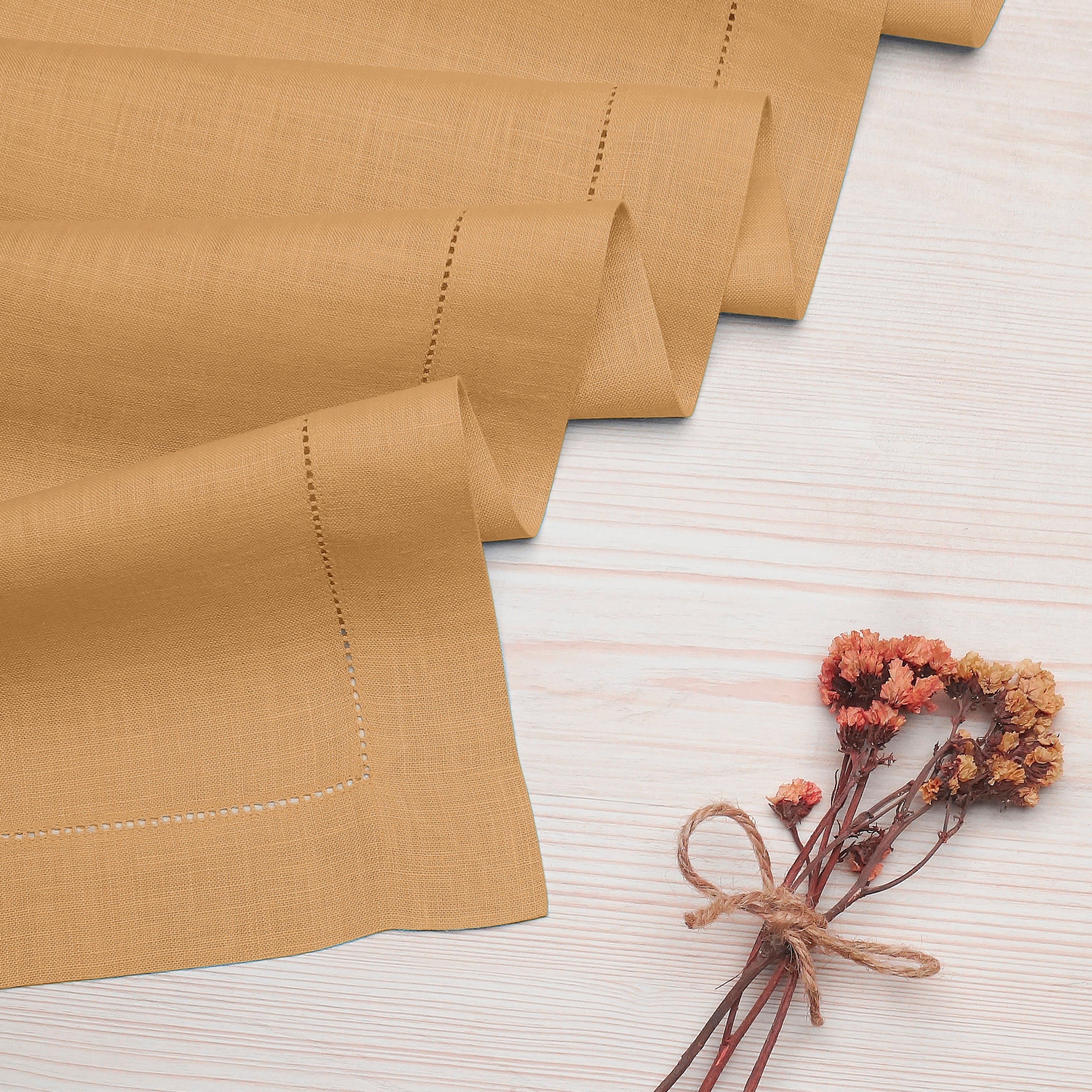 Beige Pure Linen Table Runner - Hemstitch