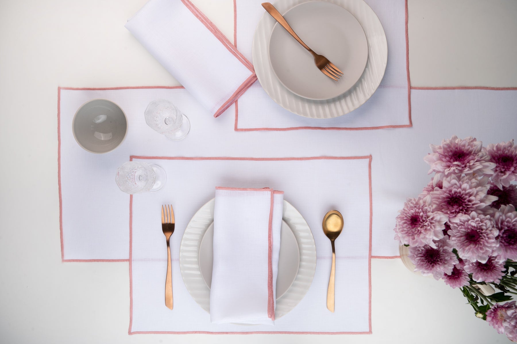 White And Dusty Pink Marrow Edge Table Runner- 100% Pure Linen