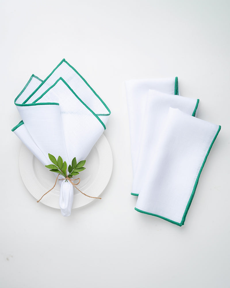 White & Green  Linen Dinner Napkins 20 x 20 Inch Set of 4 - Marrow Edge