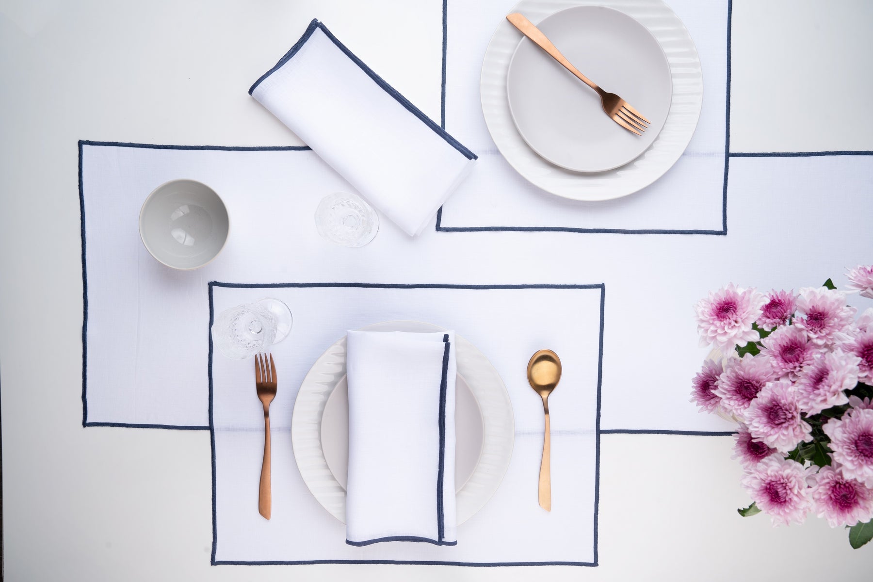 White And Navy Blue Marrow Edge Table Runner- 100% Pure Linen