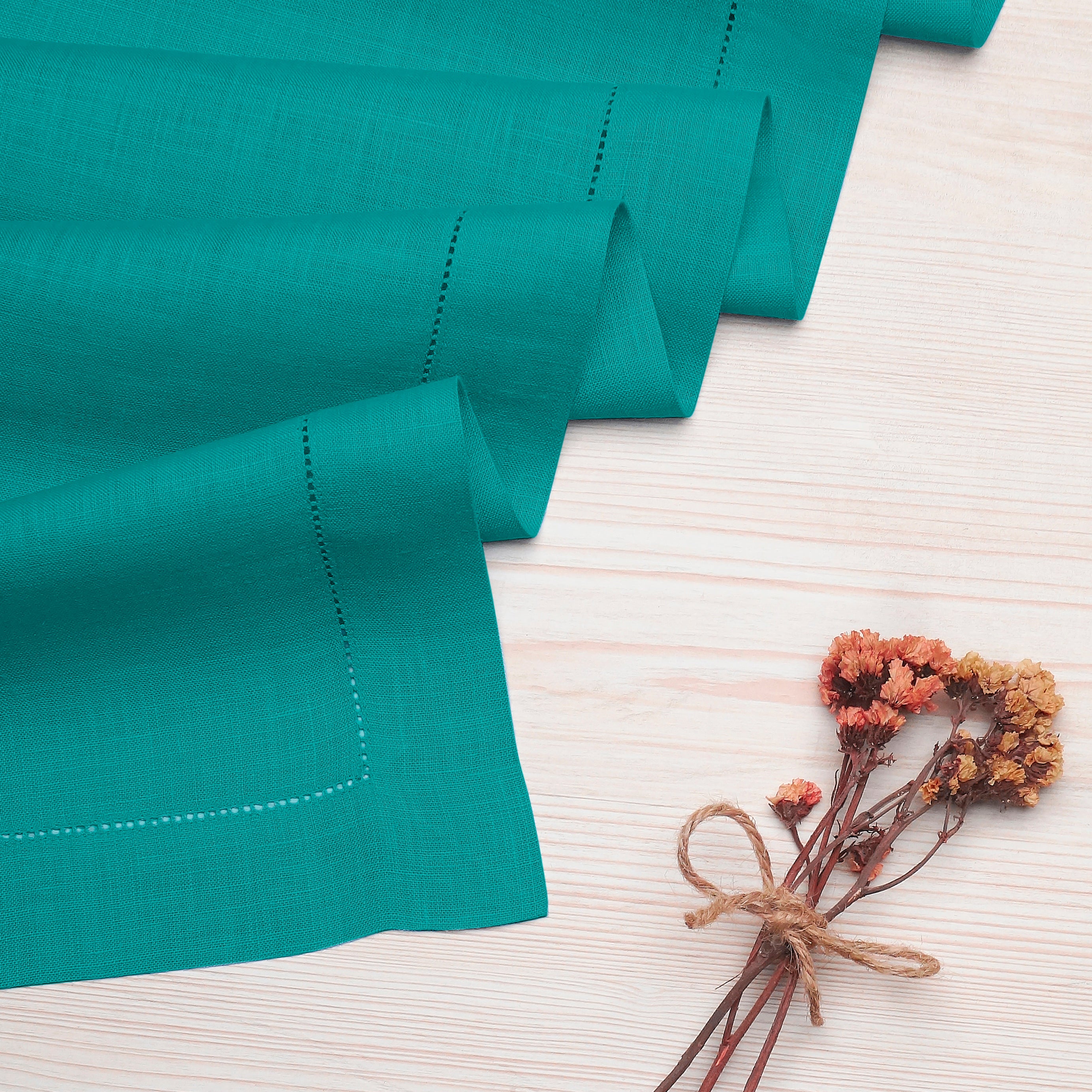 Teal Blue Linen Table Runner, Hemstitch