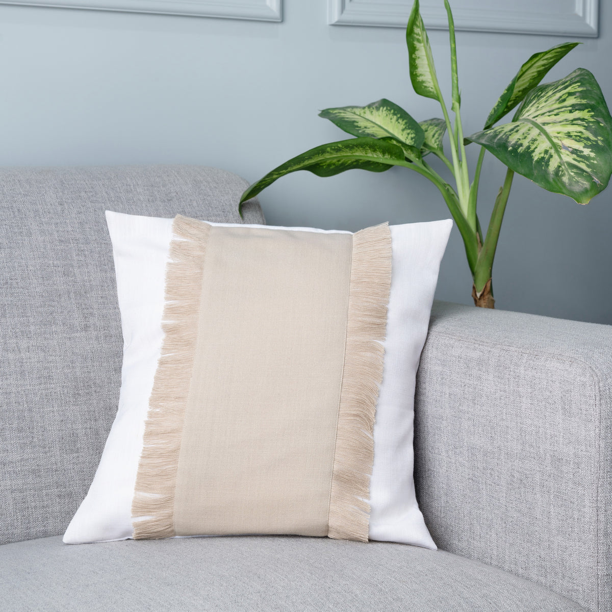 White and Natural Fringe Design Square Cushion Cover | Set of 4