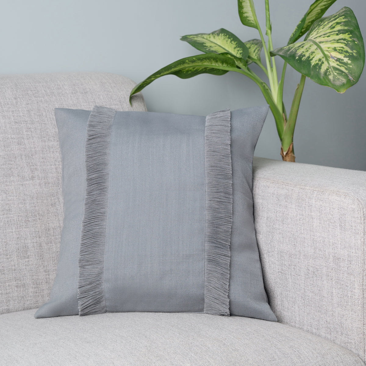 Charcoal Grey Fringe Design Square Cushion Cover | Set of 4