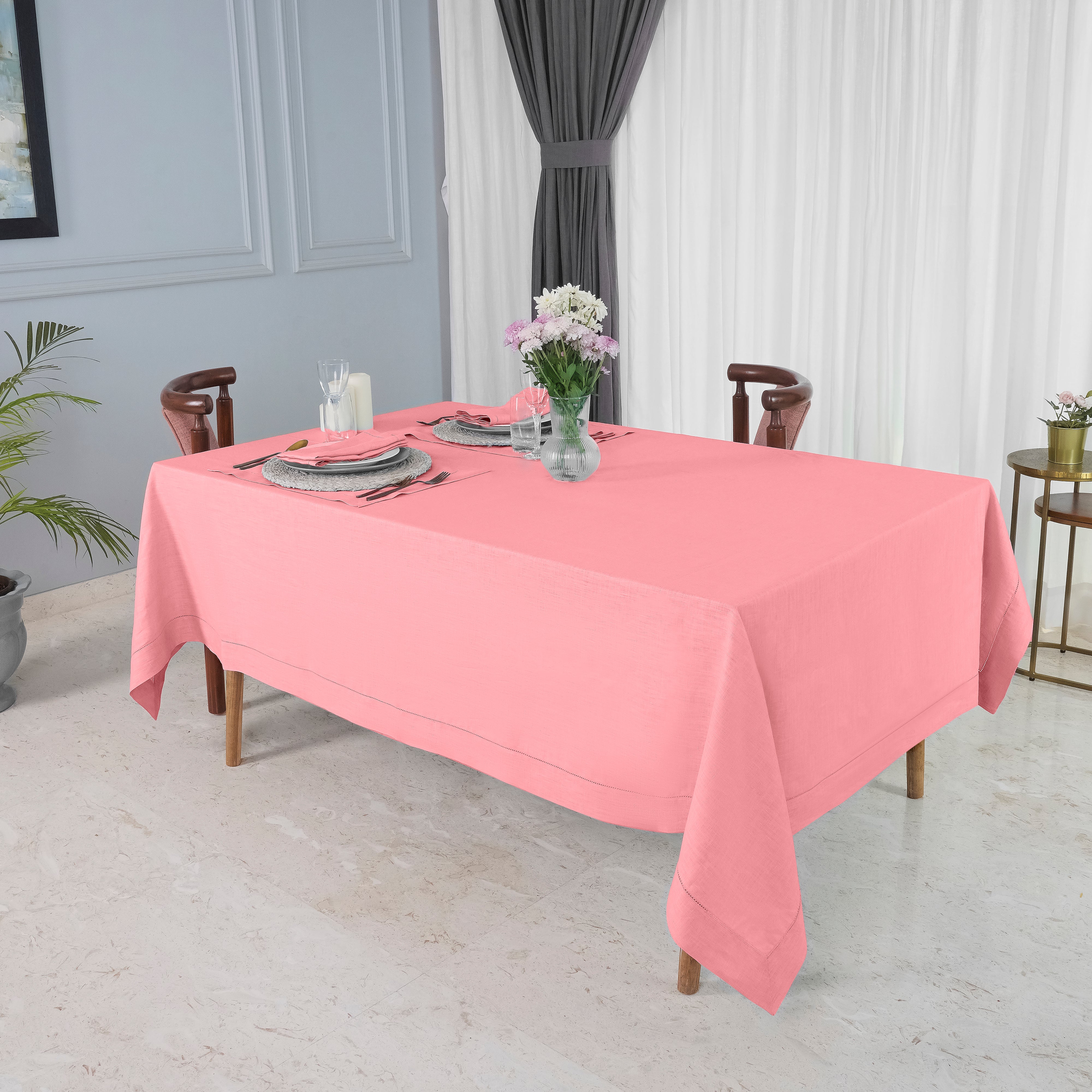 Dusty Pink Linen Tablecloth, Hemstitch