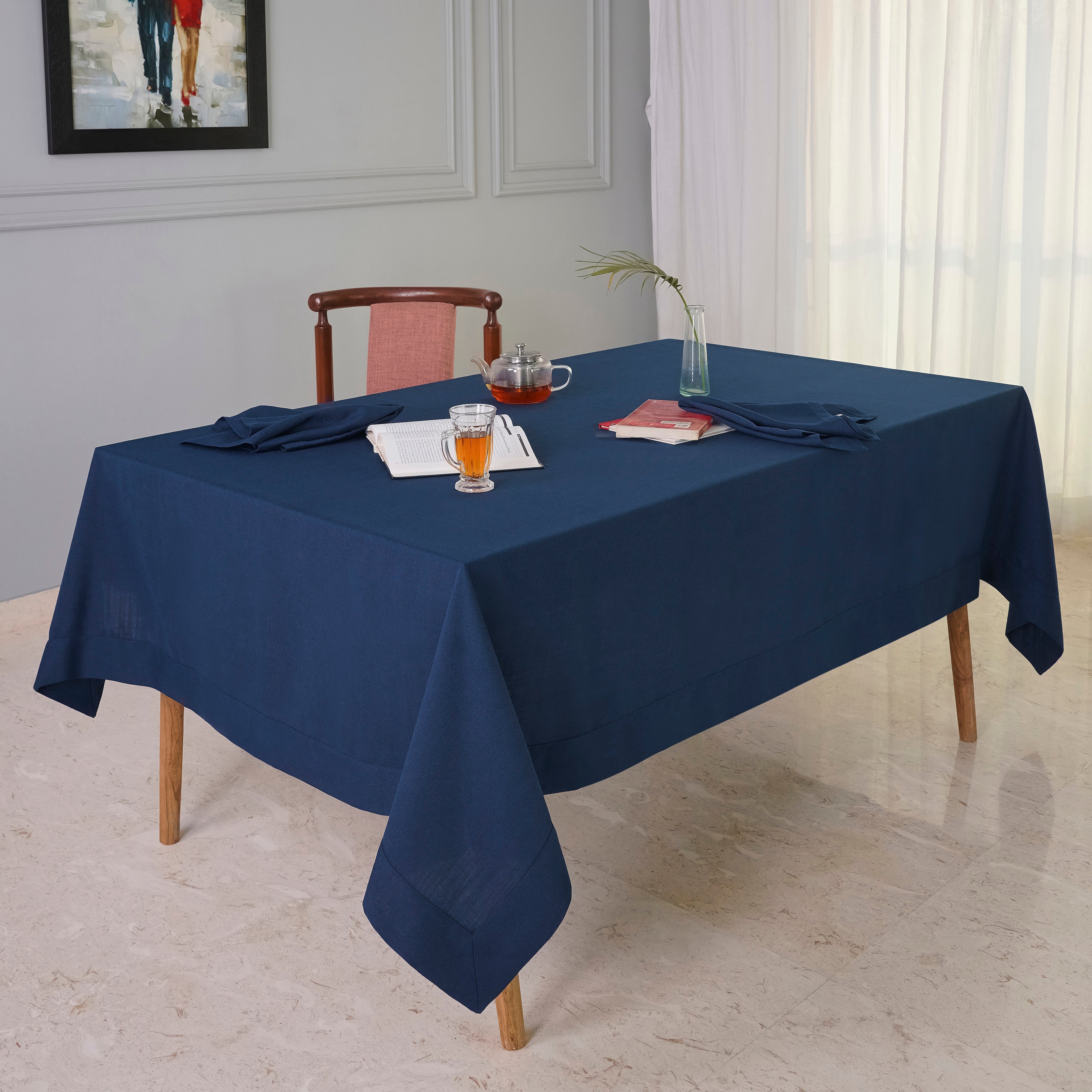 Navy Blue Tablecloth, Faux Linen, Mitered Corner