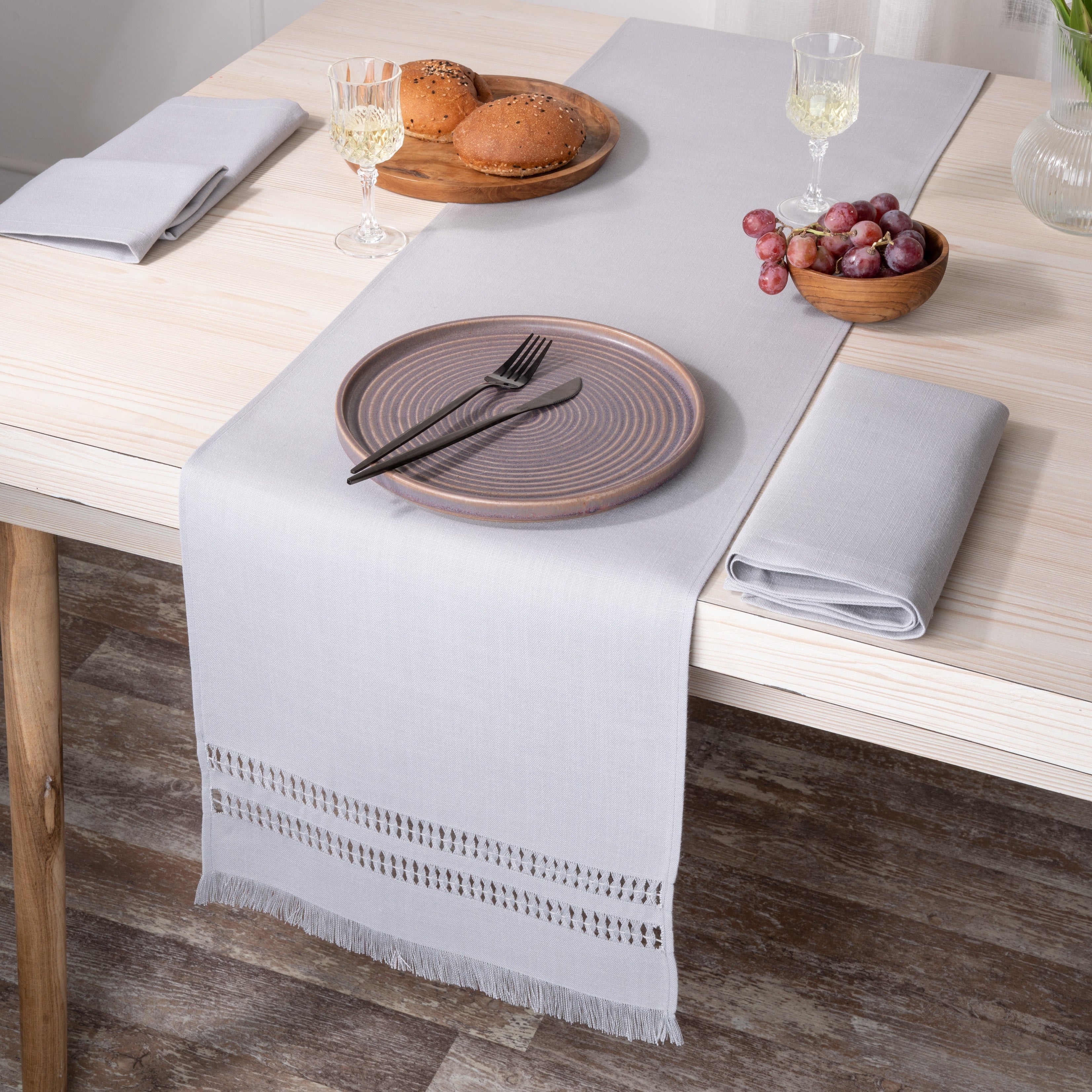 Light Grey Table Runner, Faux Linen, Hand Hemstitch