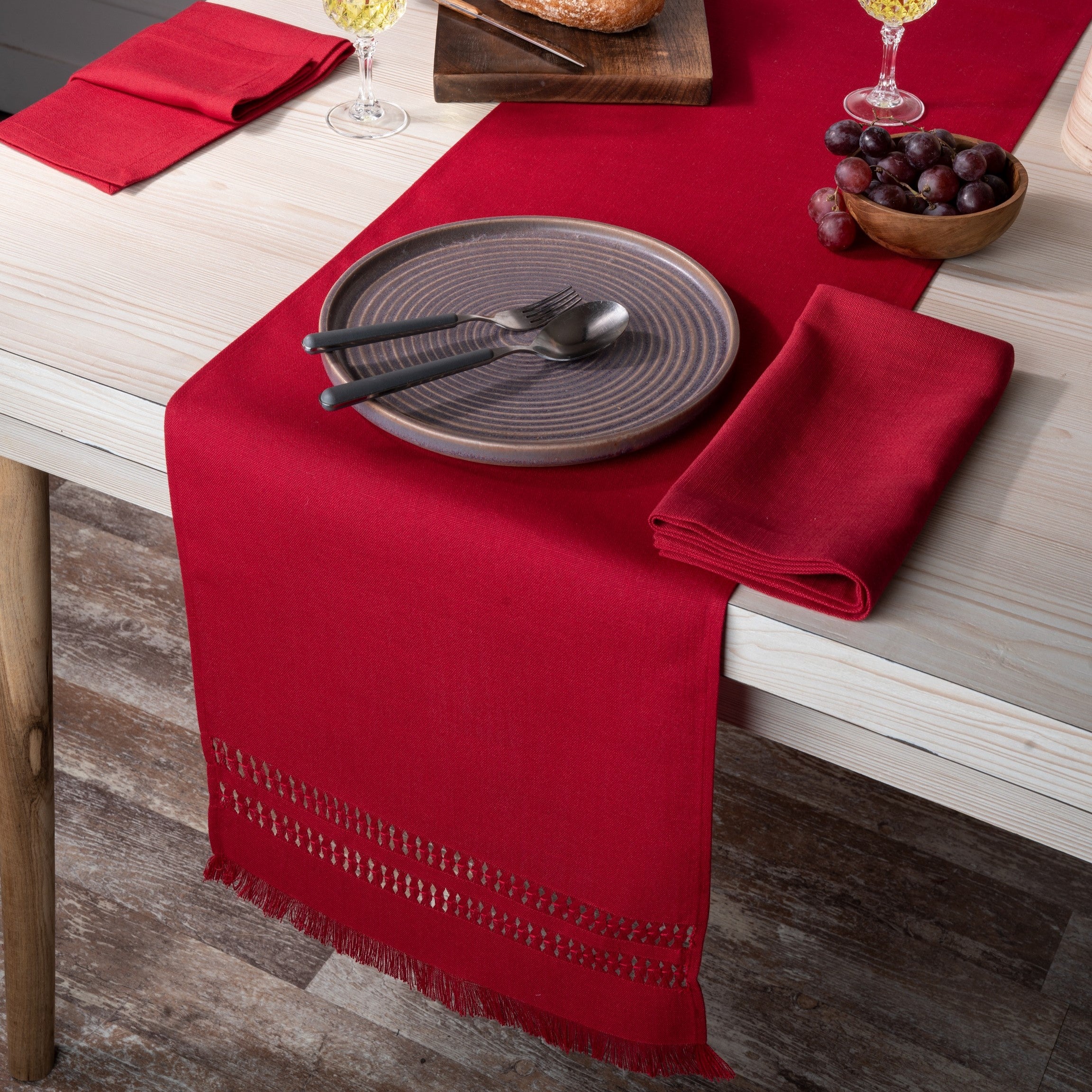 Red Table Runner, Faux Linen, Hand Hemstitch