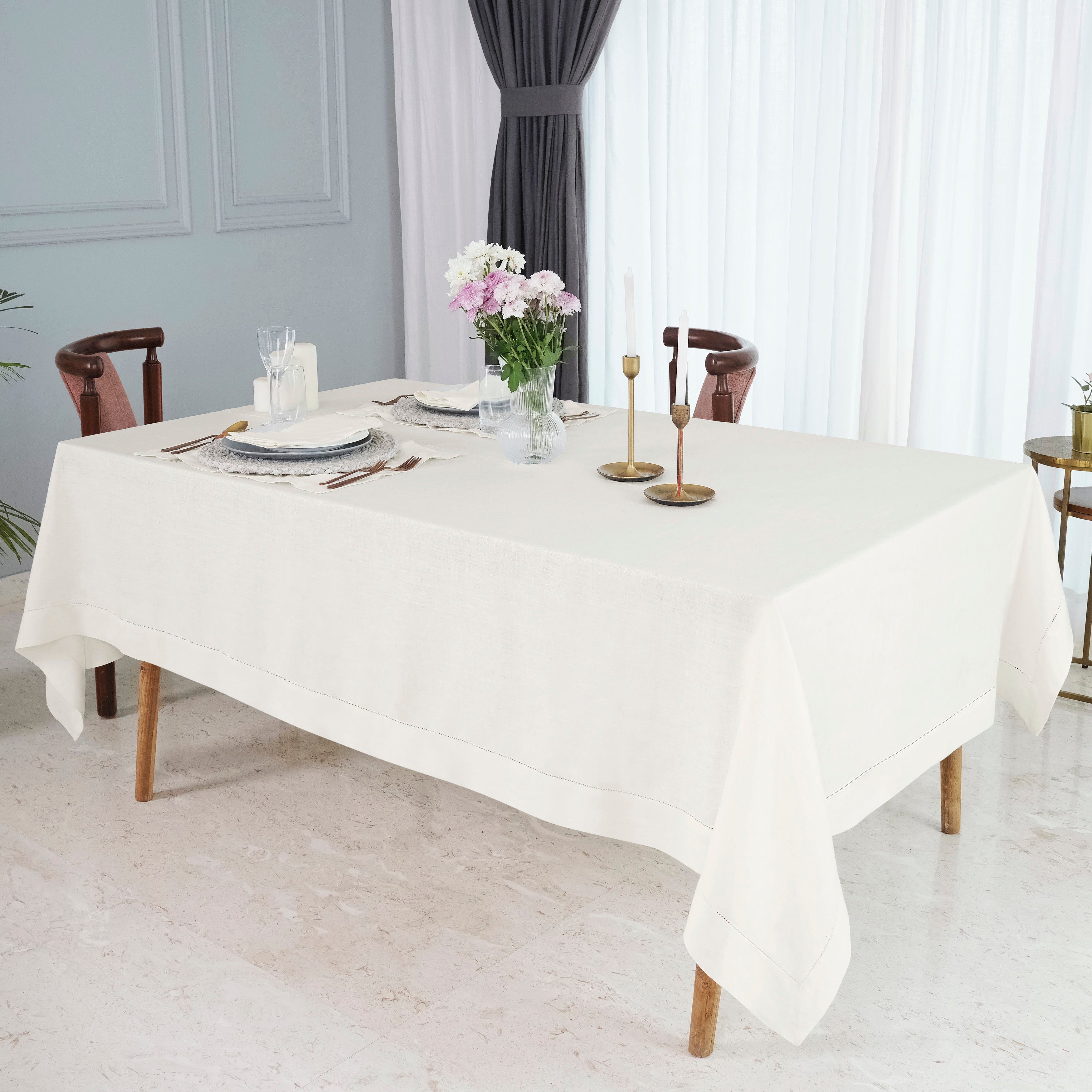 Ivory Linen Tablecloth, Hemstitch