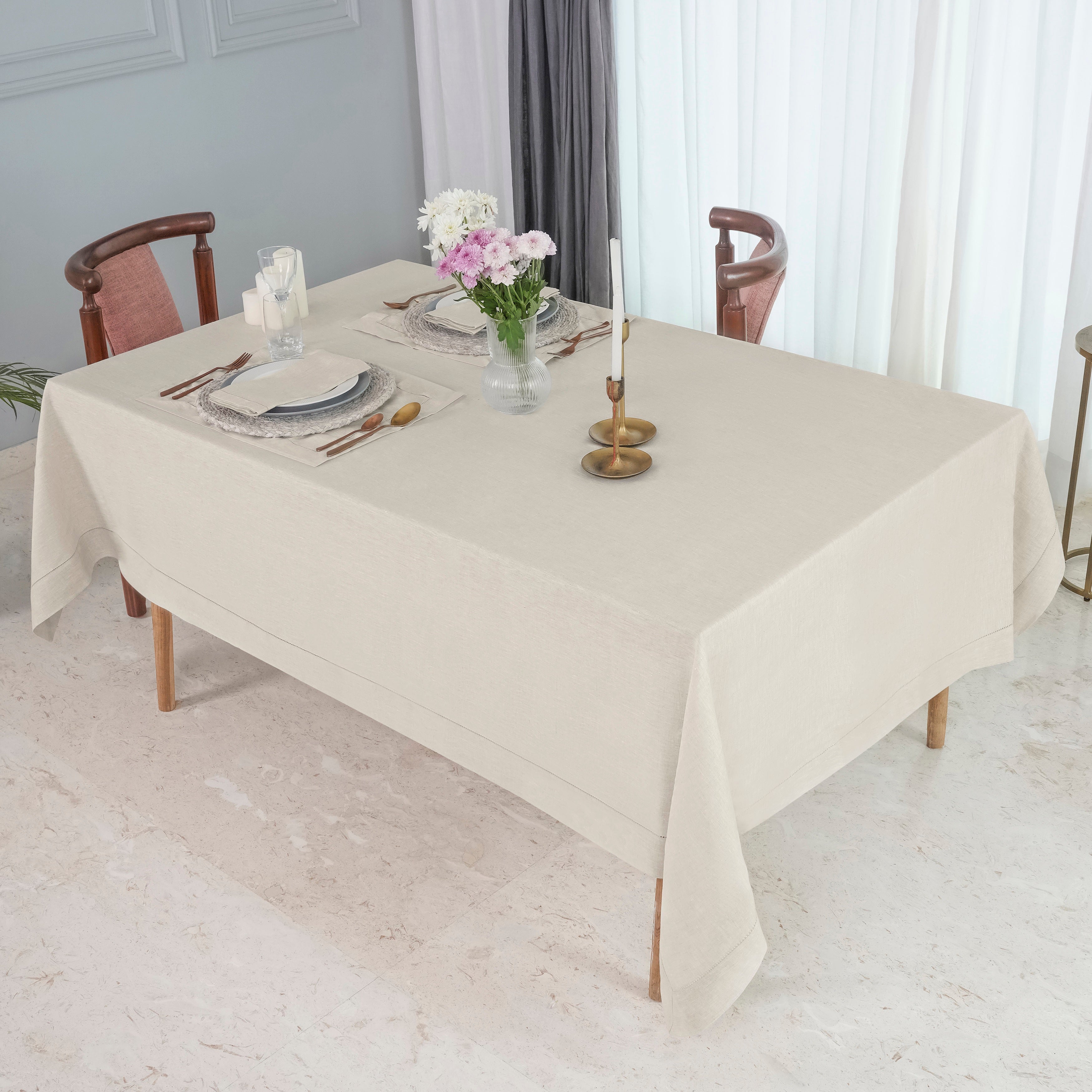 Light Natural Linen Tablecloth, Hemstitch