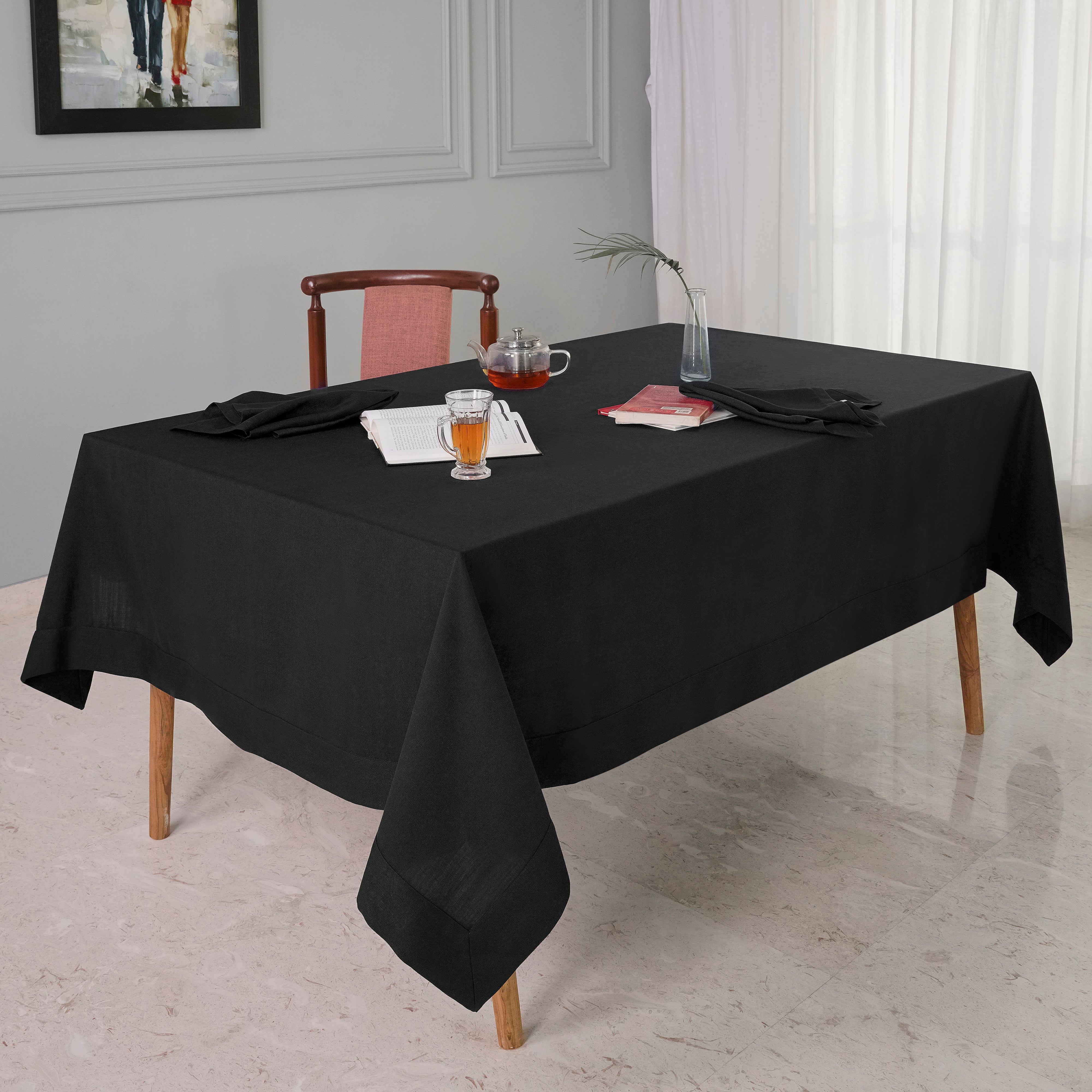 Black Tablecloth, Faux Linen, Mitered Corner