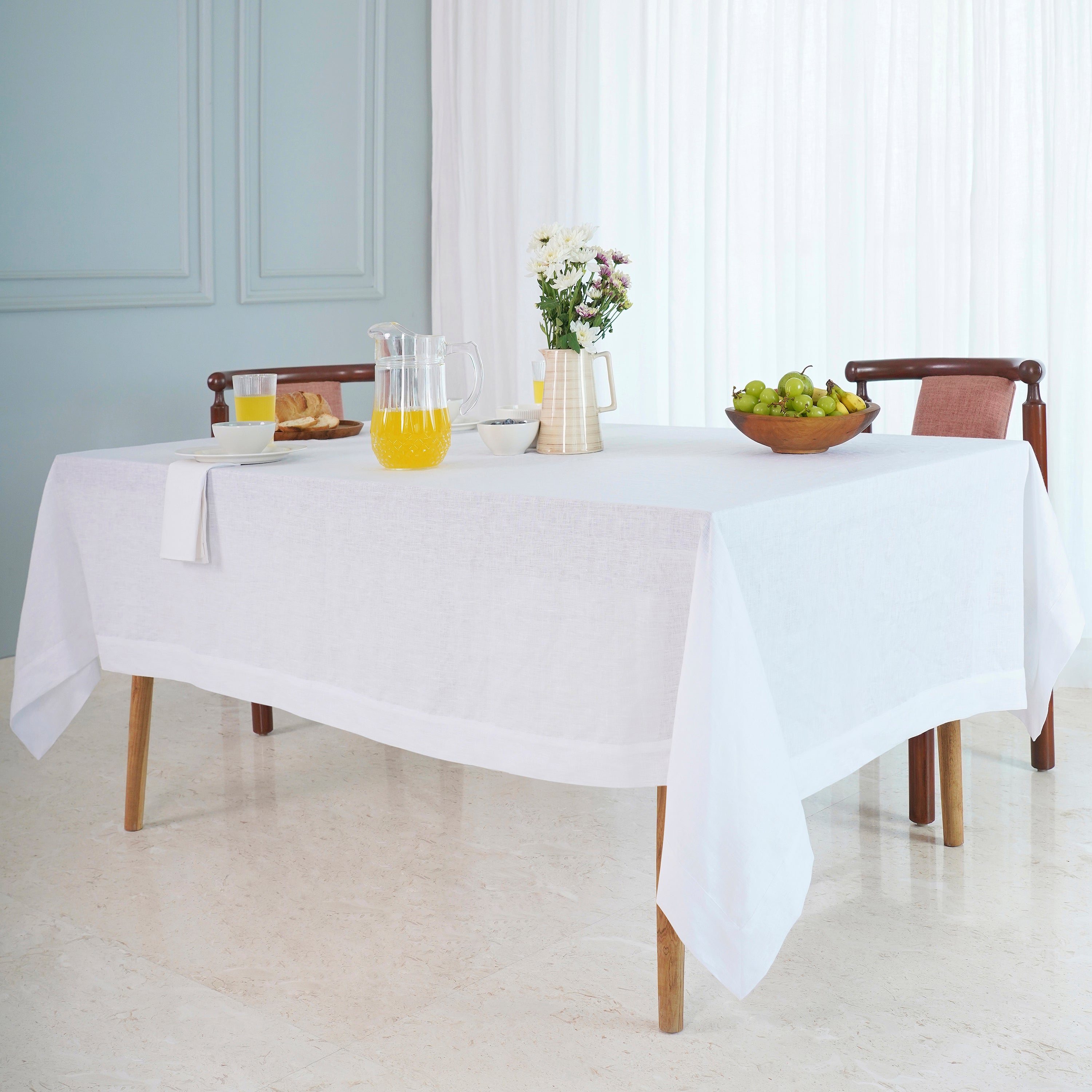 White Pure Linen Tablecloth, Hemmed