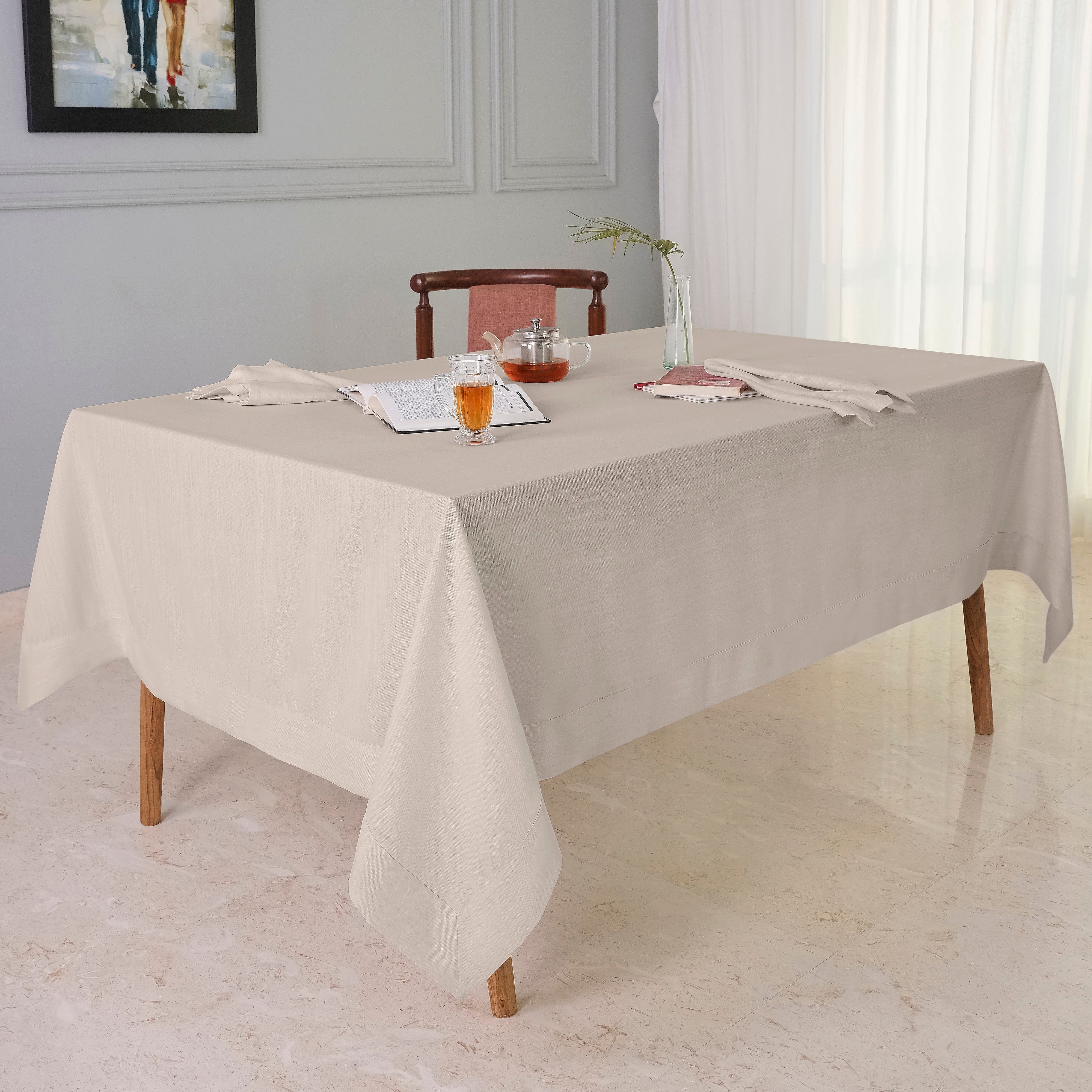 Natural Tablecloth, Faux Linen, Mitered Corner