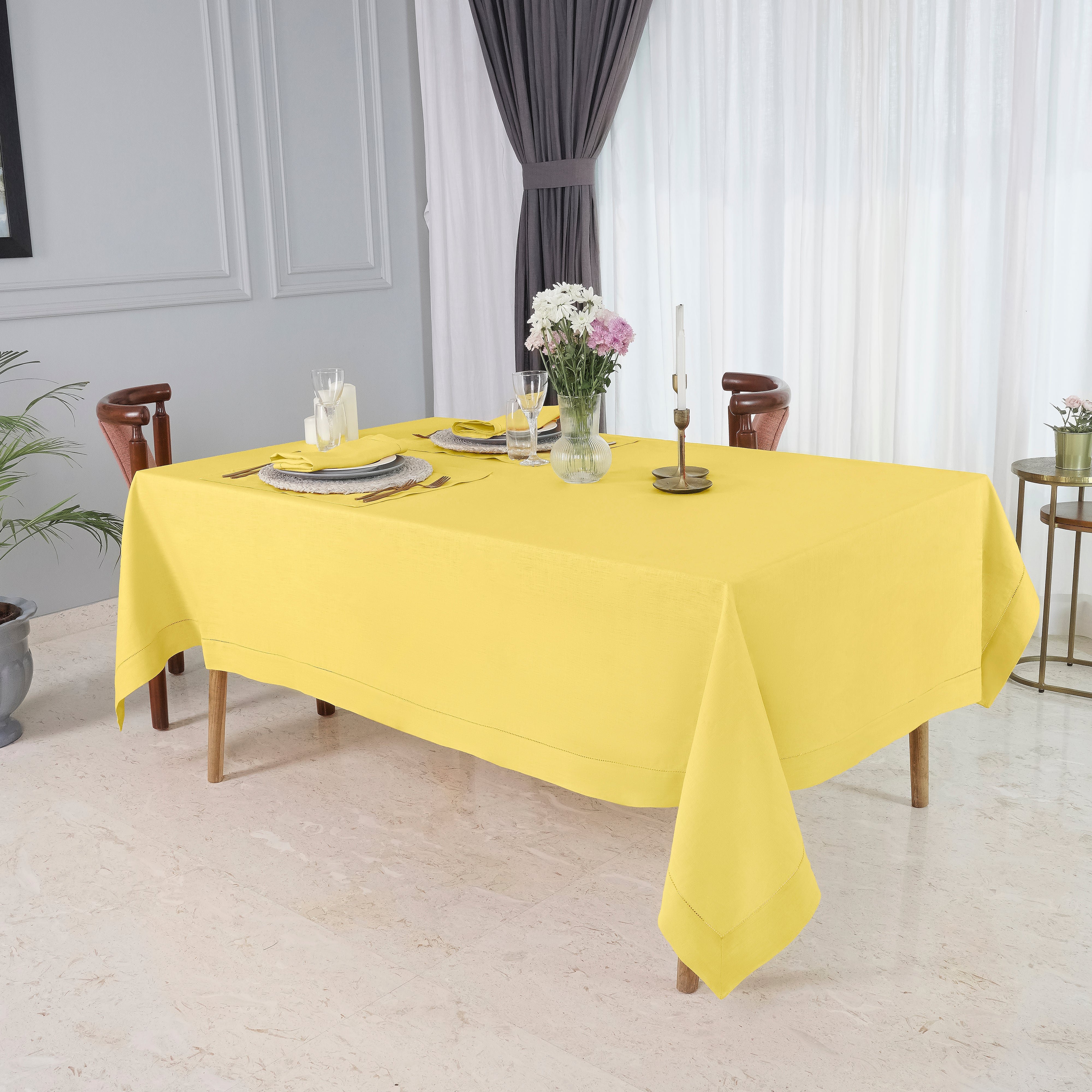 Lemon Yellow Linen Tablecloth, Hemstitch