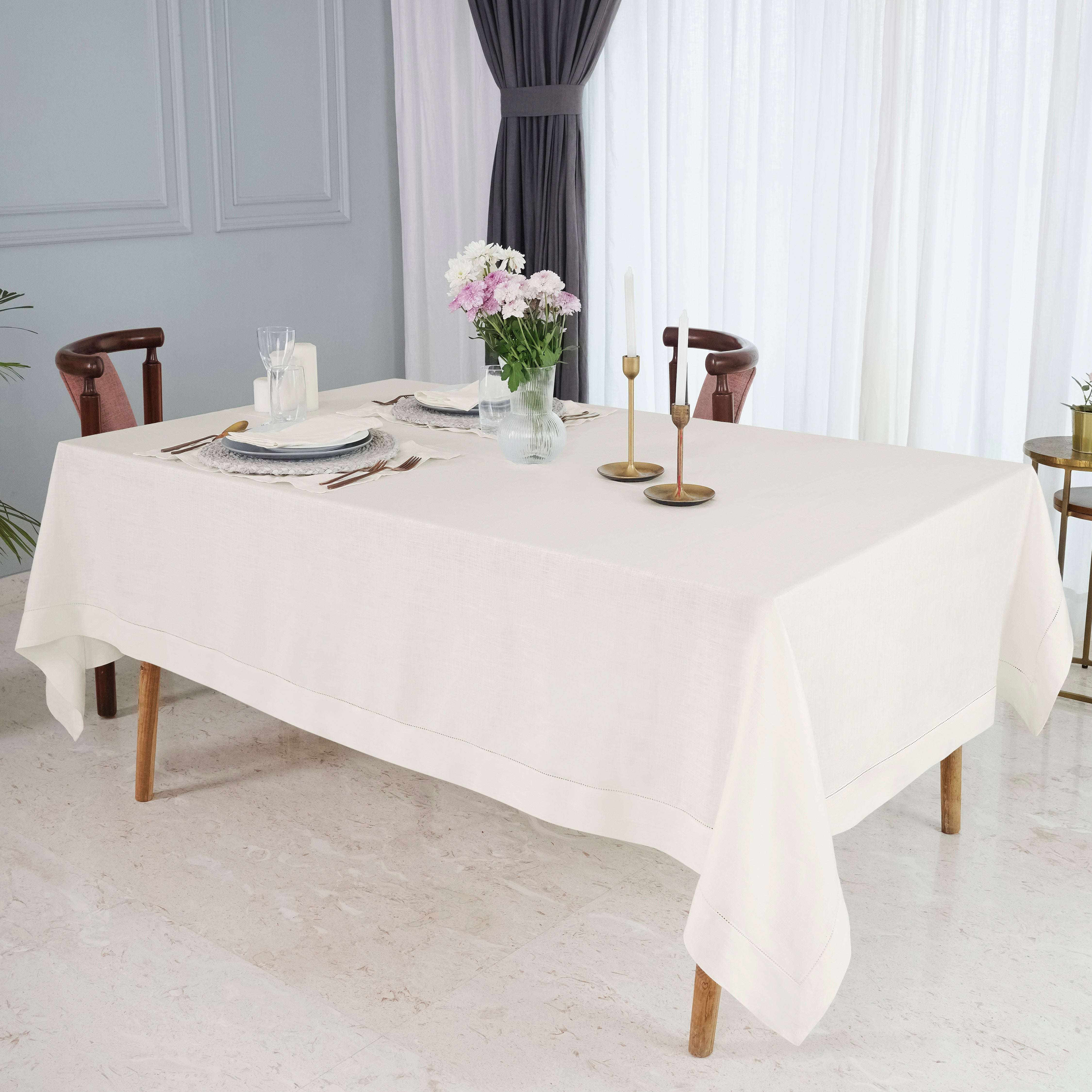 Ivory Linen Tablecloth, Hemstitch