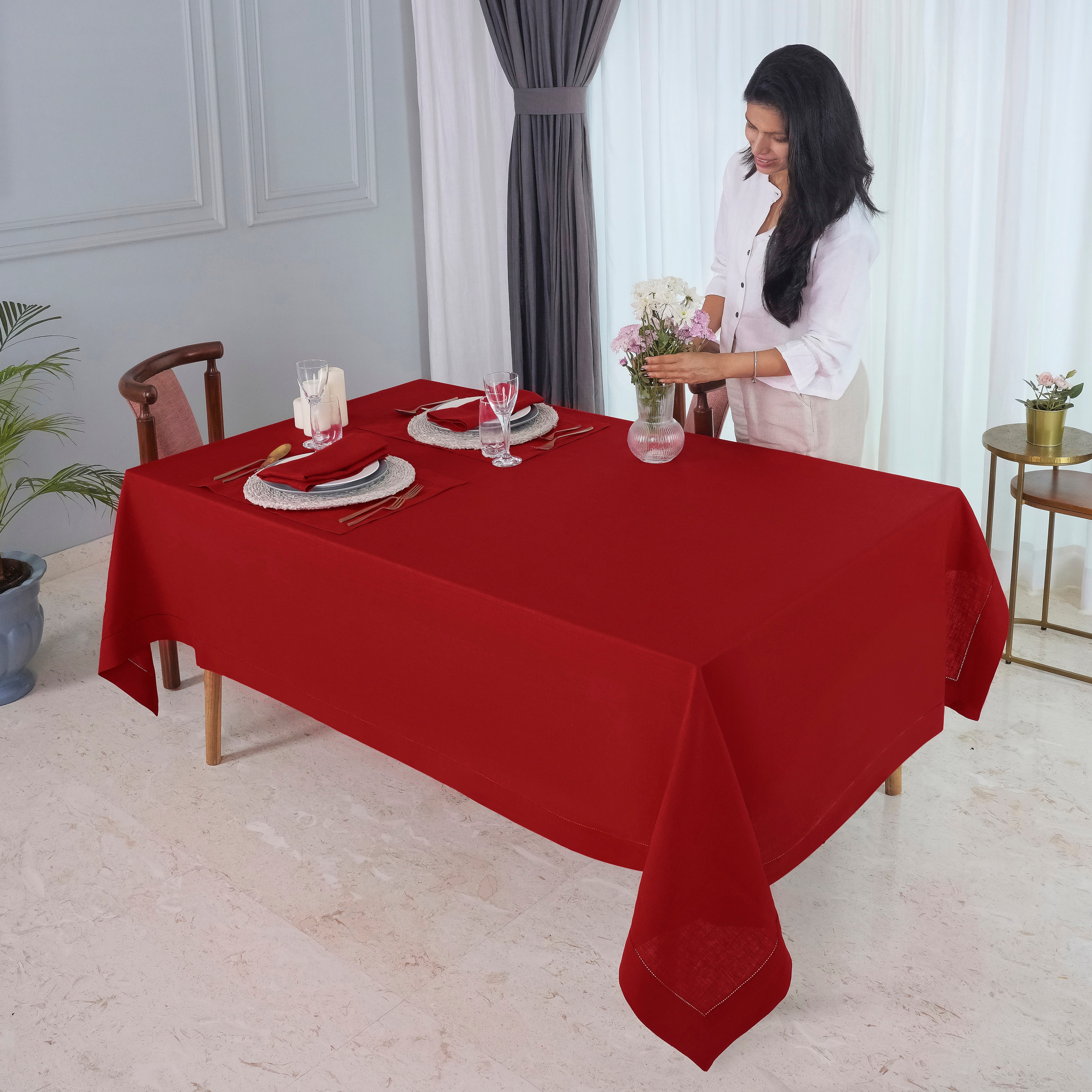 Red Linen Tablecloth, Hemstitch