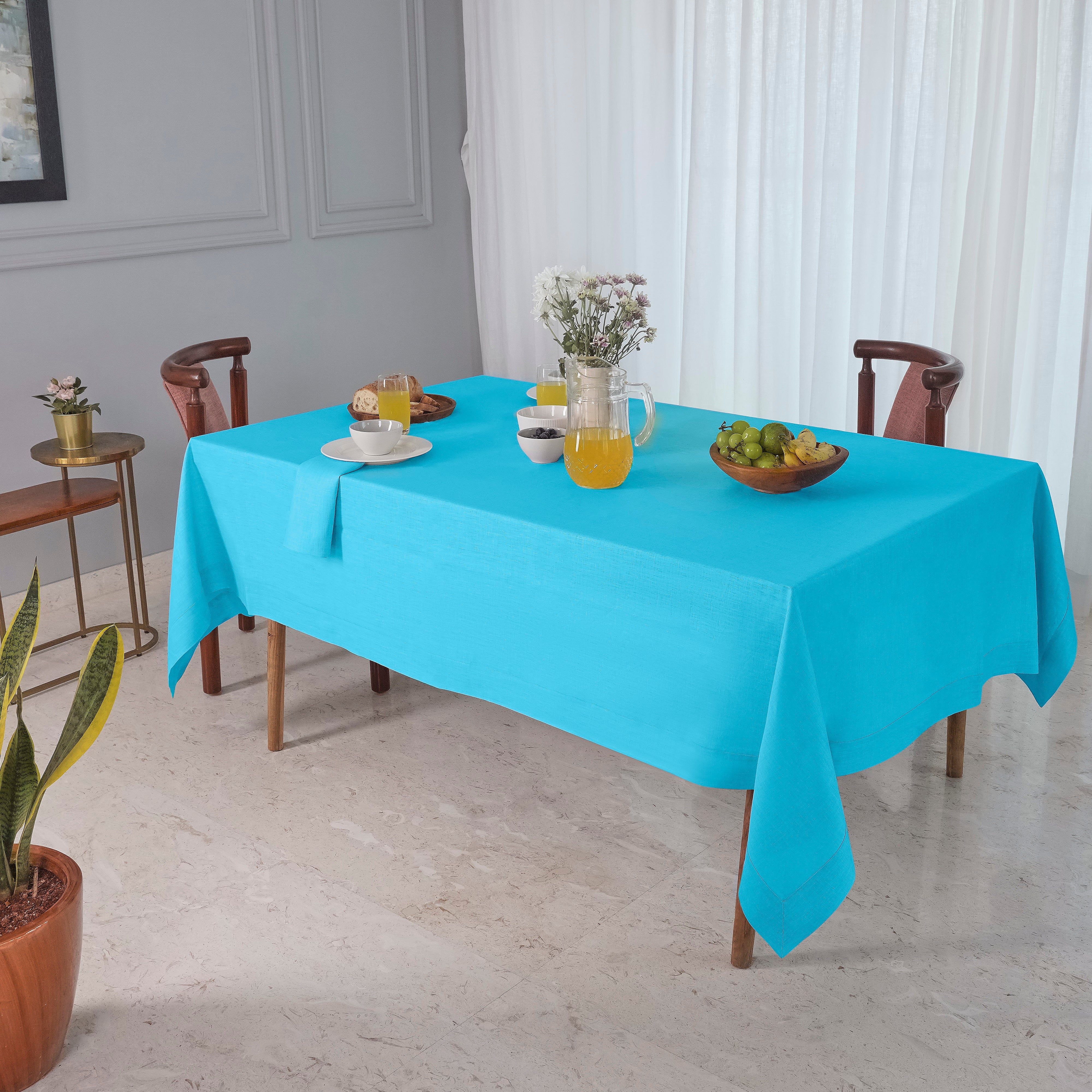 Cyan Blue Linen Tablecloth, Hemmed