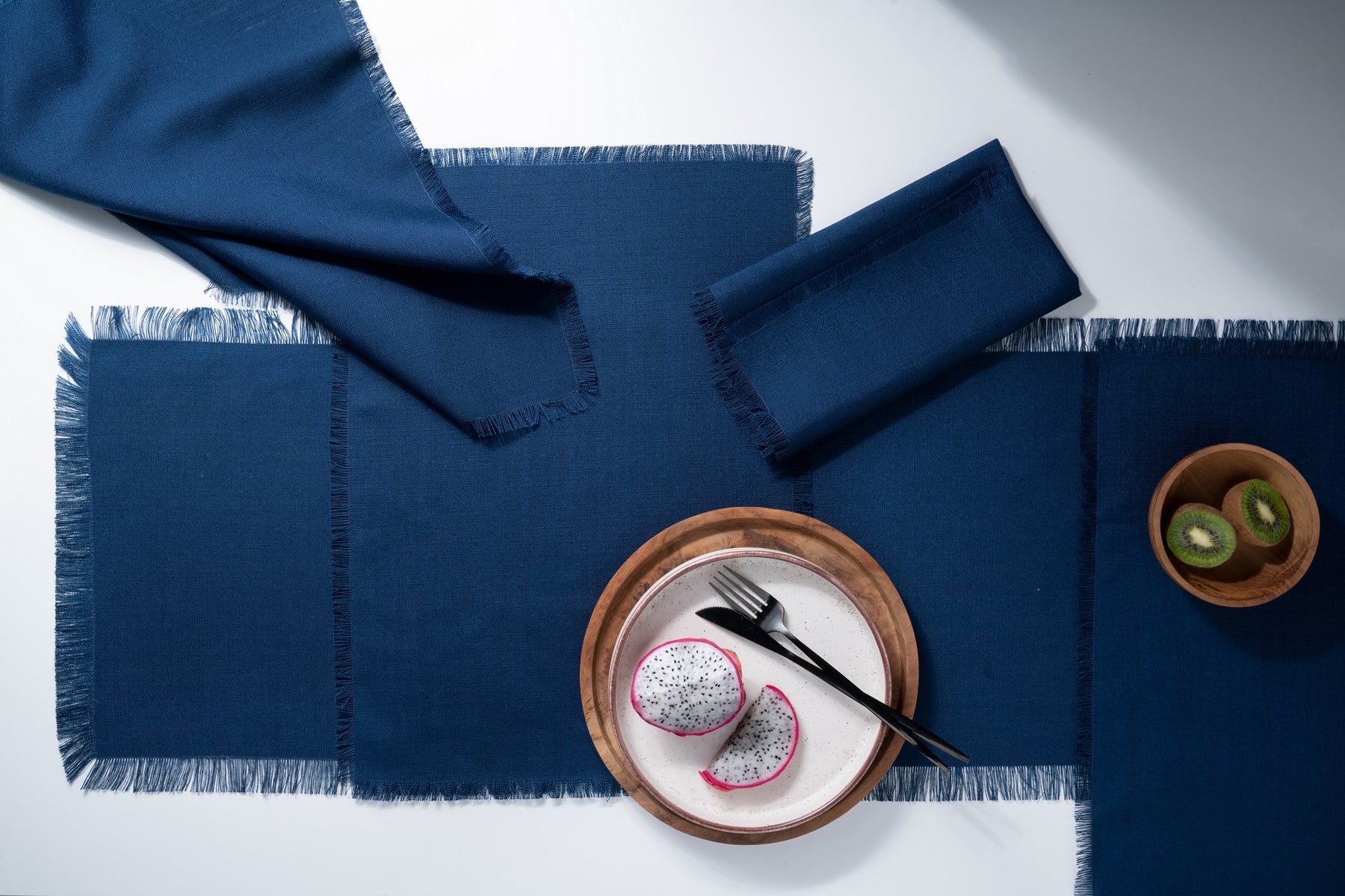 Navy Blue Linen Textured Table Runner - Fringe