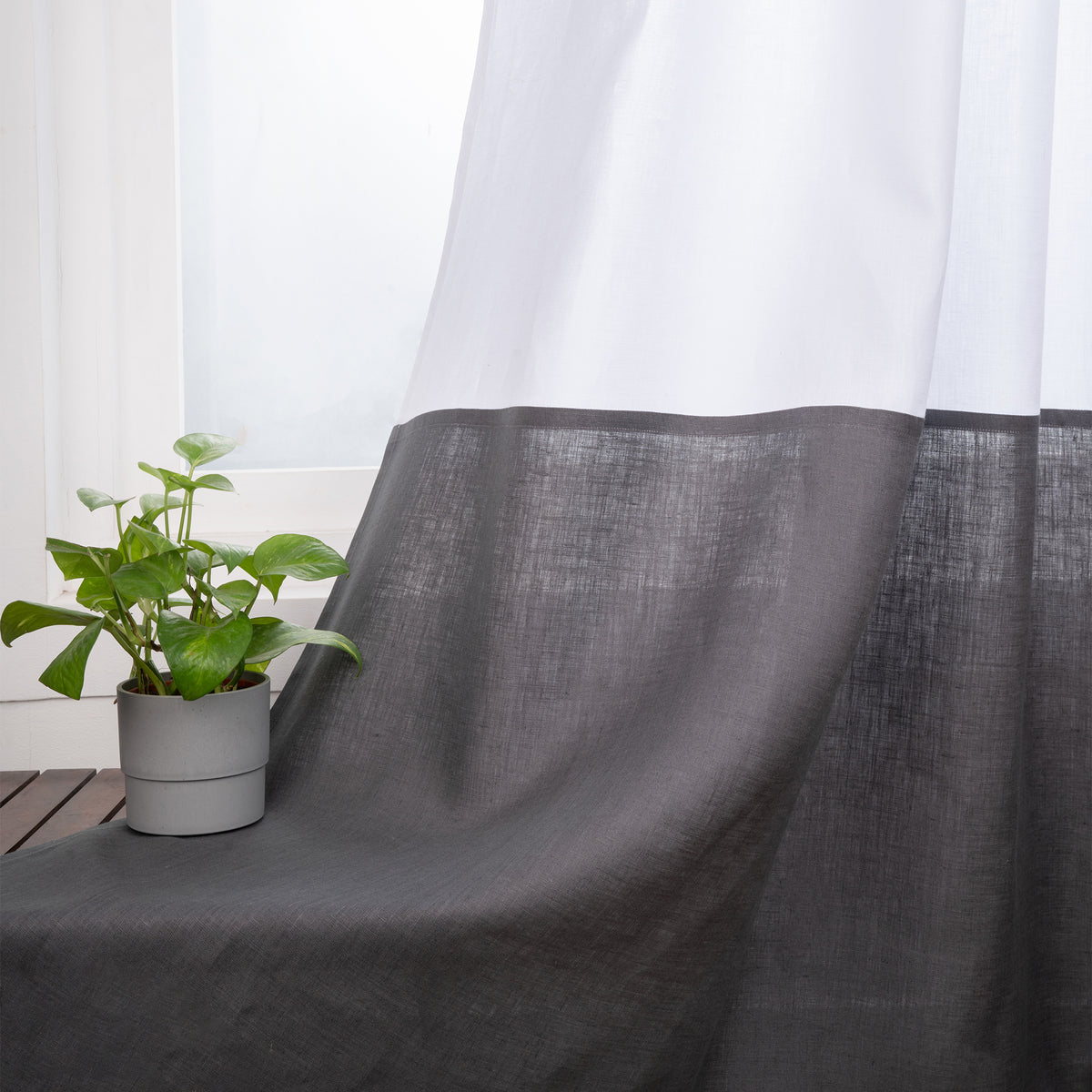 White & Charcoal Grey Linen Color Block Curtains | 1 Panel
